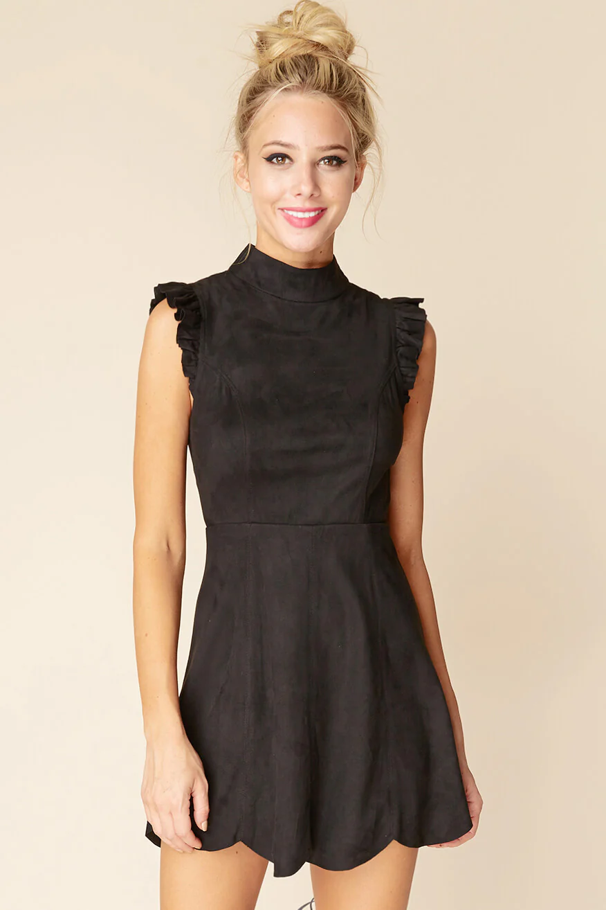 Kylie Ruffled Sleeve Suede Dress Black