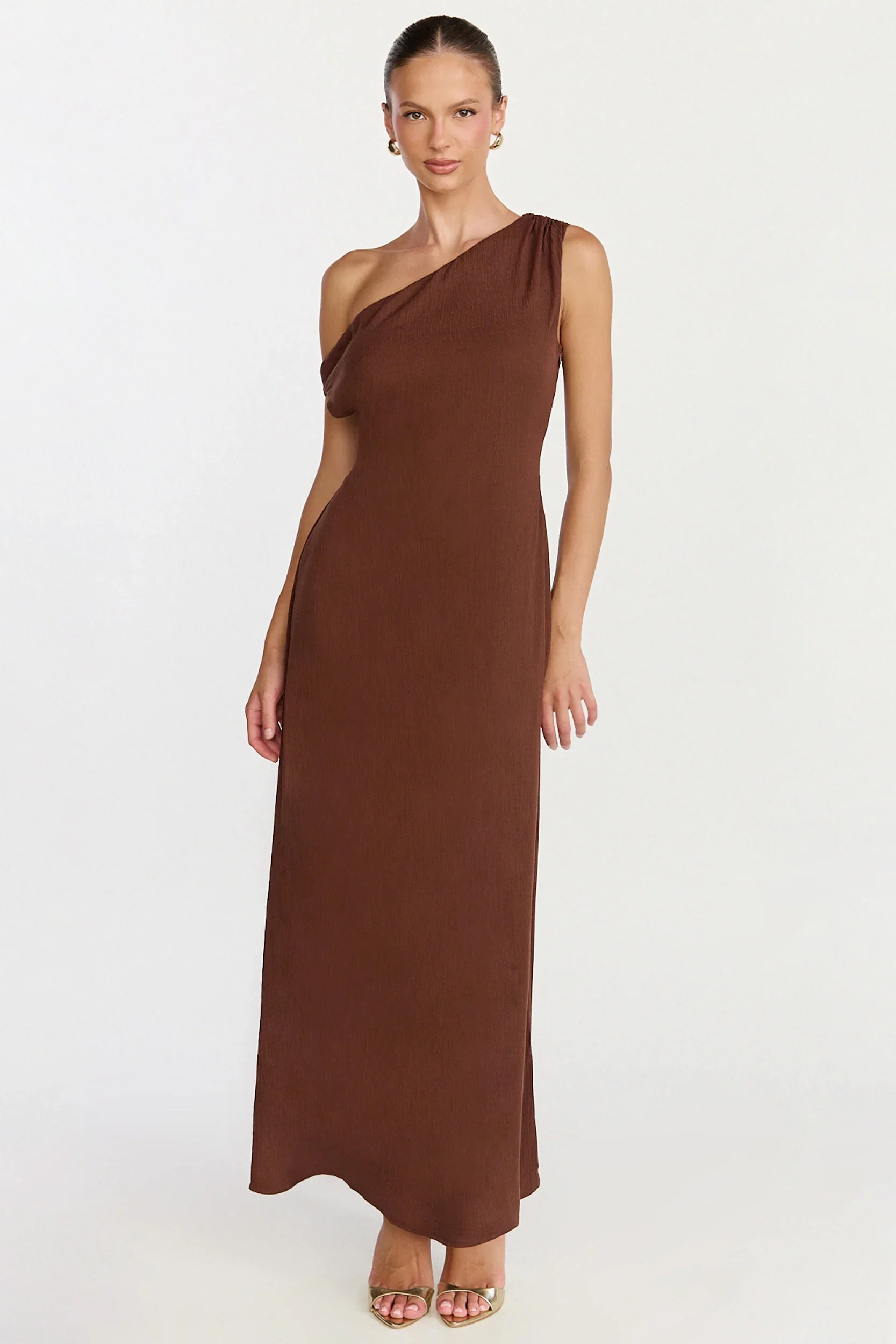 Aurelie Maxi Dress - Off Shoulder Column Dress in Chocolate