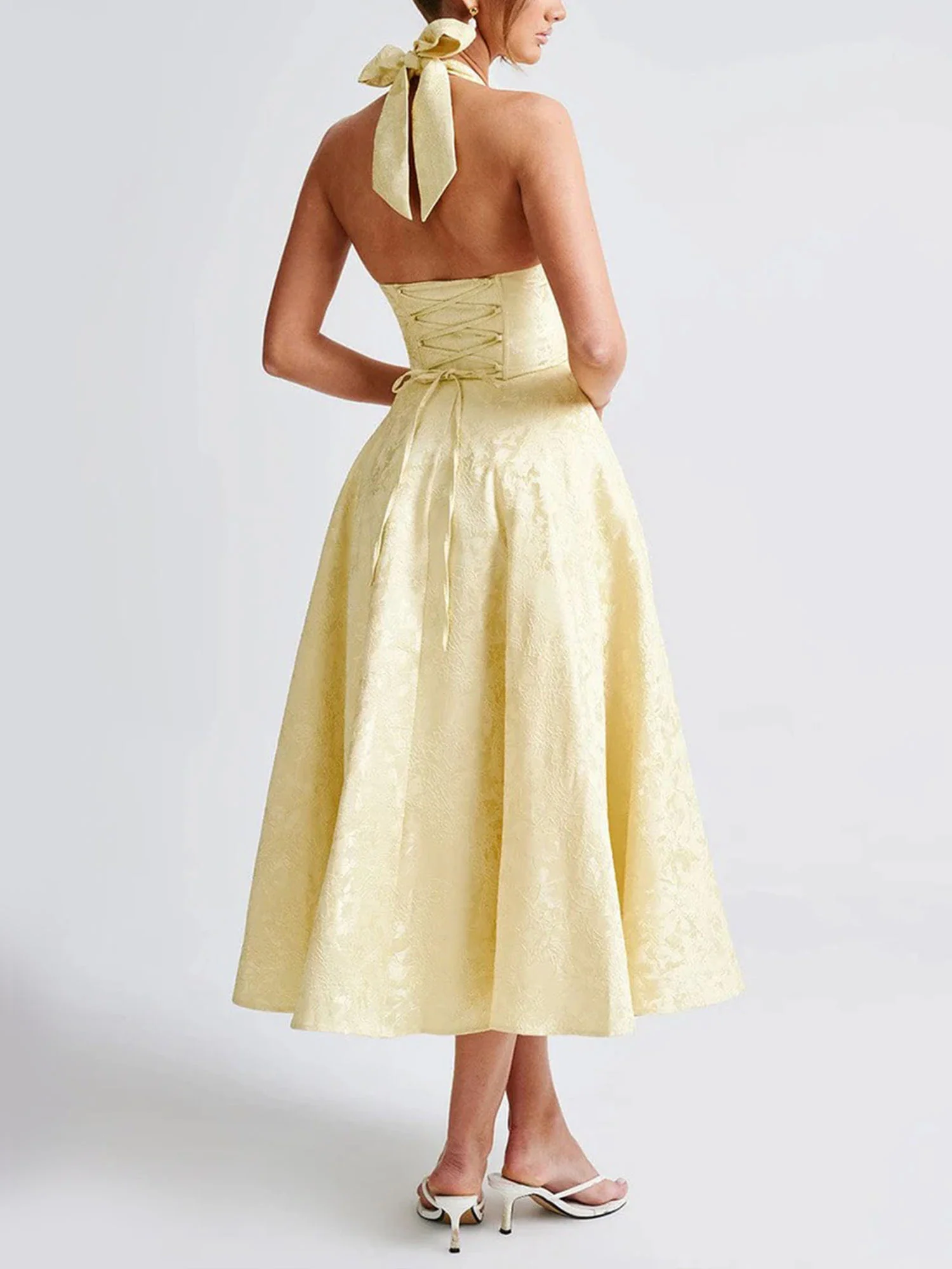 Yellow Halter Flared Midi Dress