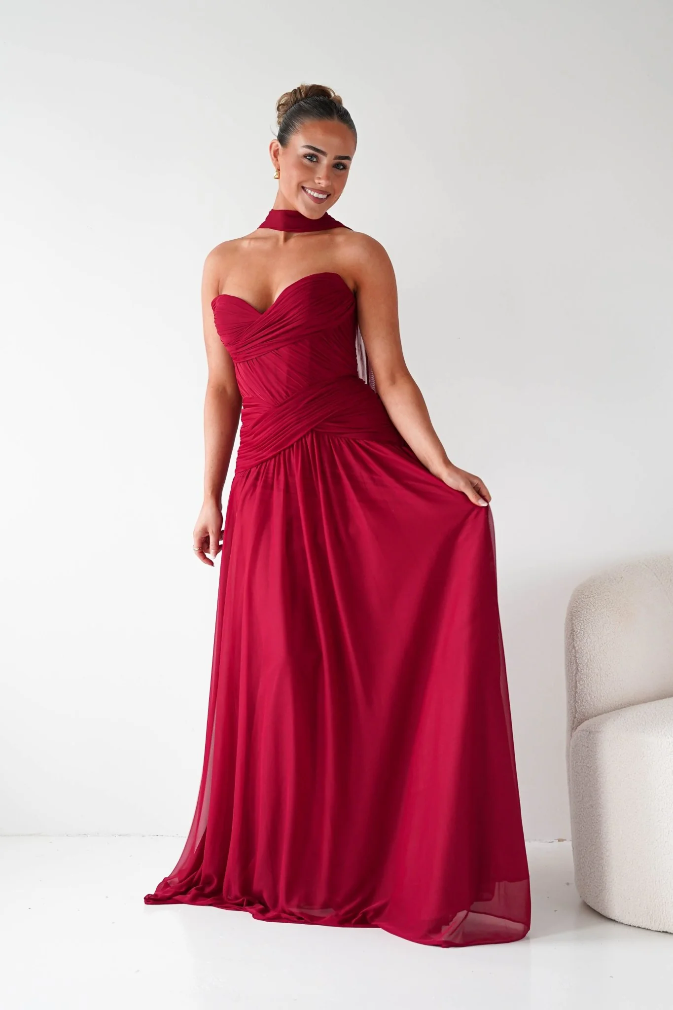 Nicolette Strapless Chiffon Maxi Gown | Dark Red