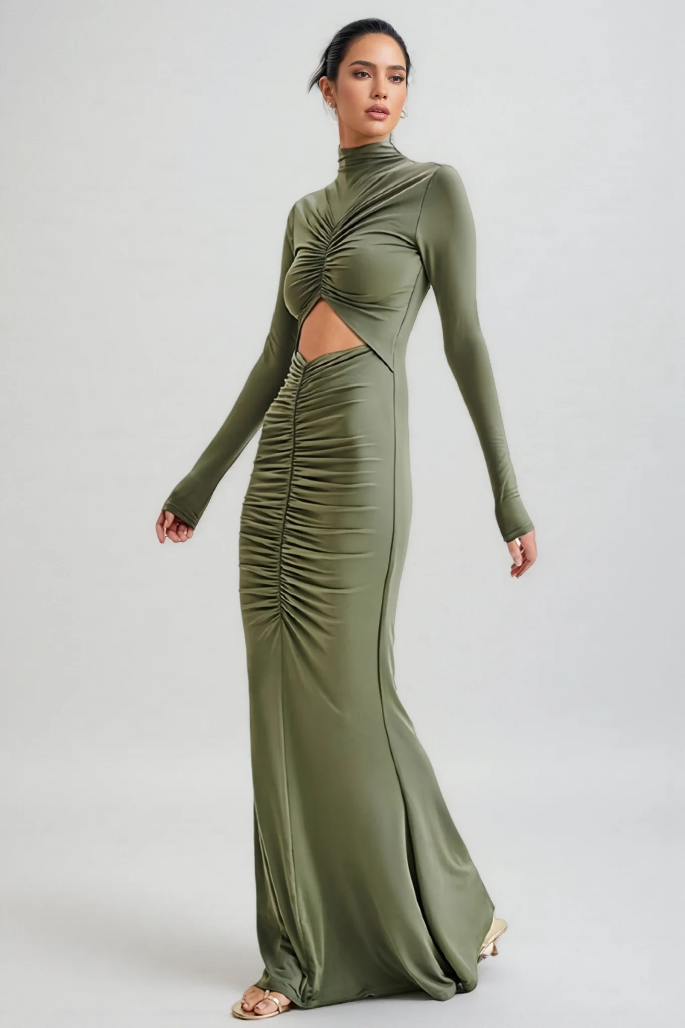 Tona Army Green Cutout Pleated Maxi Dress
