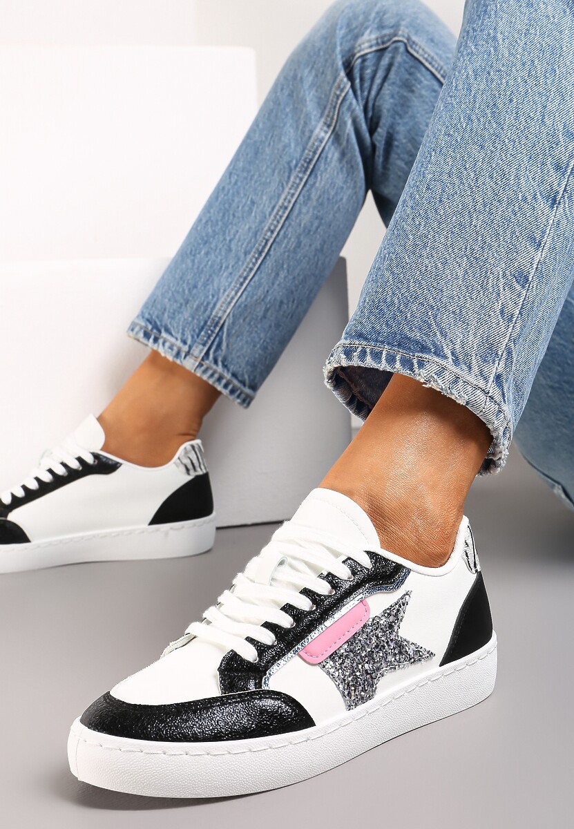 Biało-Czarne Sneakersy z Brokatowymi Wstawkami i Gwiazdką Reniva