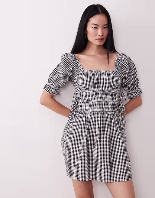 Wednesday's Girl seersucker milkmaid mini dress in black gingham