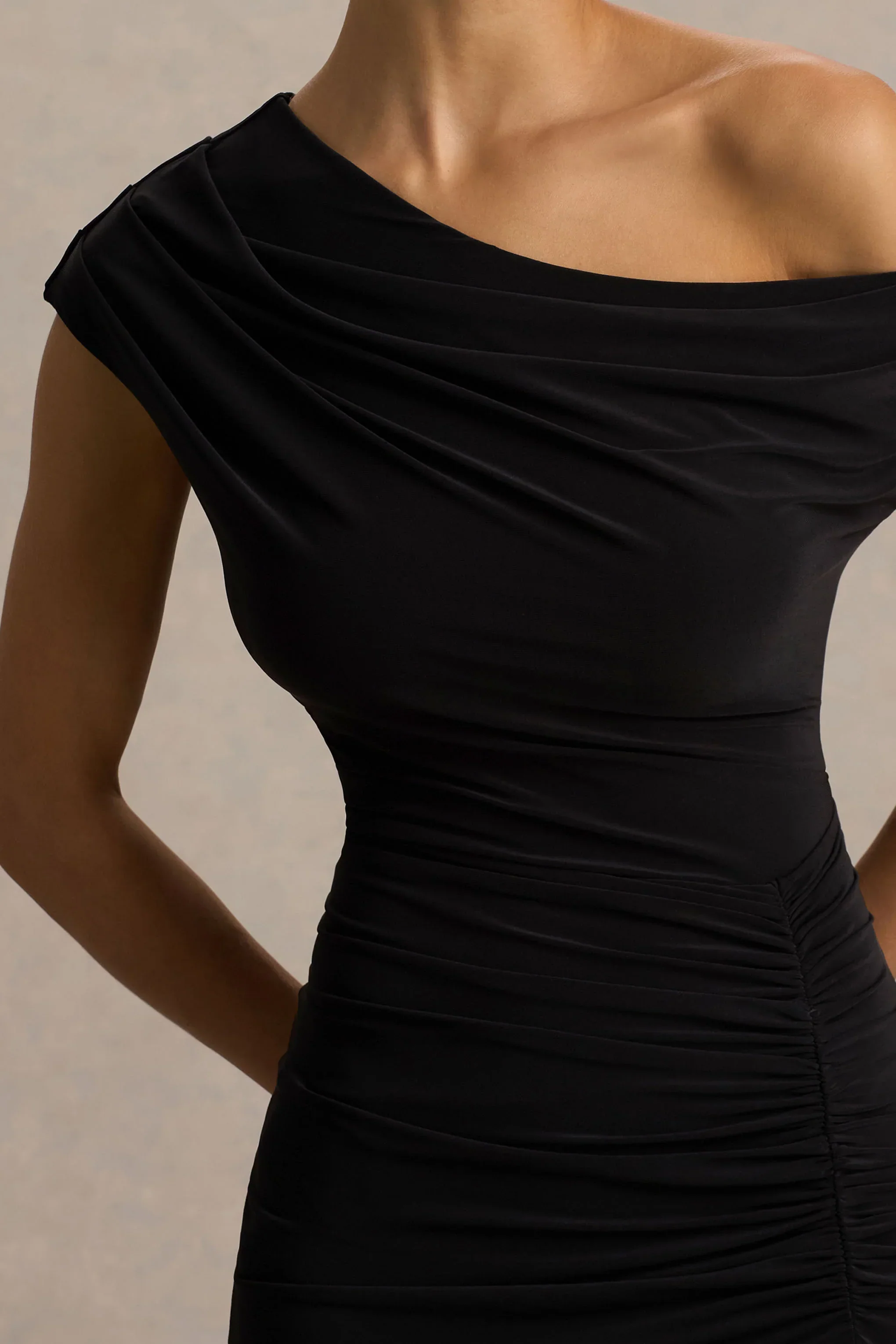 Kady | Black Asymmetric-Neck Maxi Dress With Ruched Detailing and Front-High Split