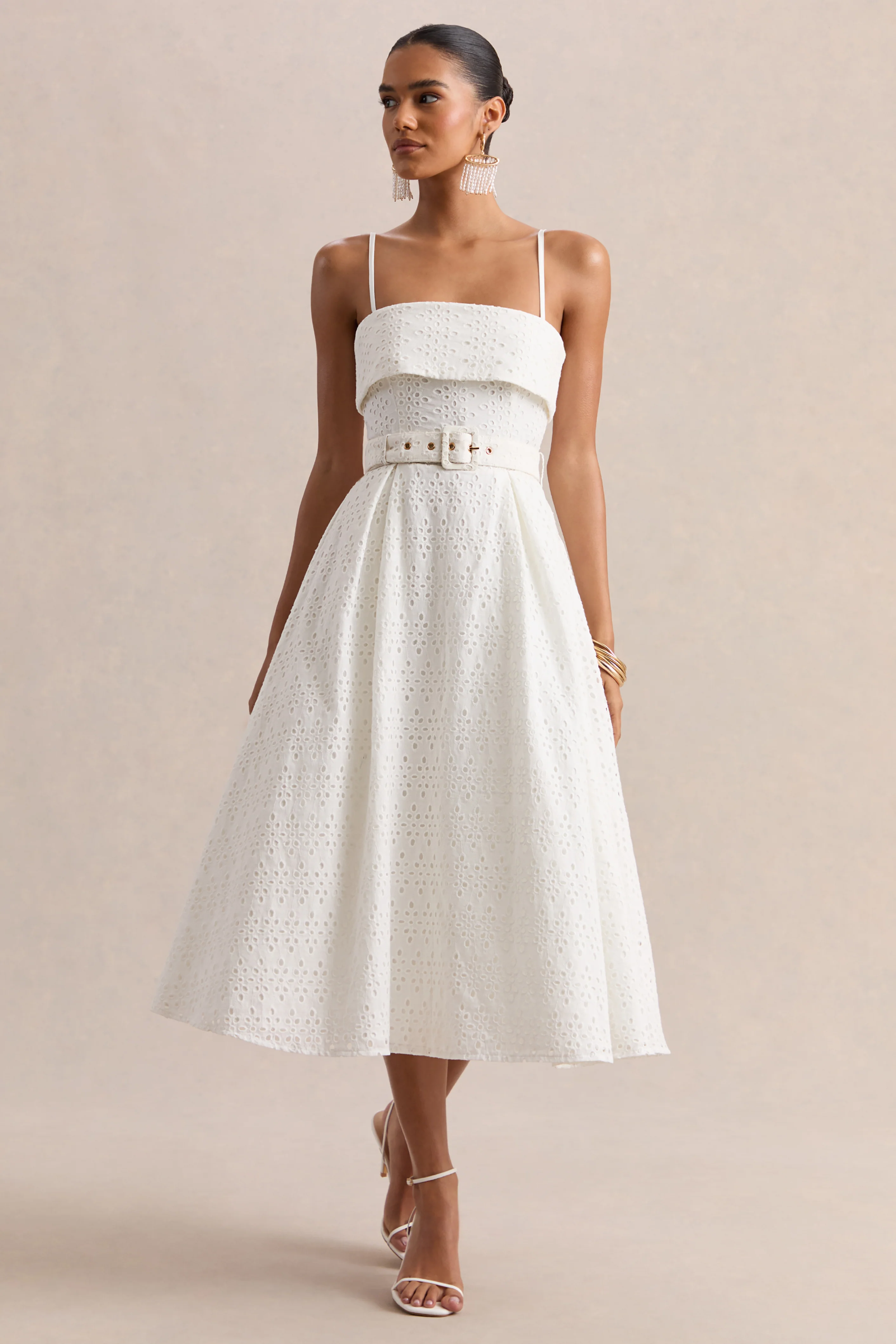 Zoeva | Cream Broderie Square-Neck Belted Midi Dress