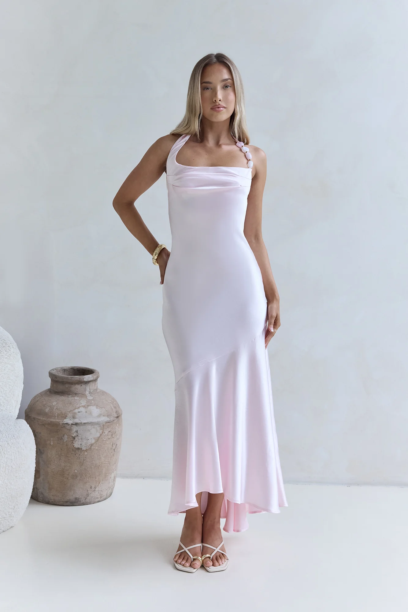 Lucky In Life Satin Halter Maxi Dress Pink