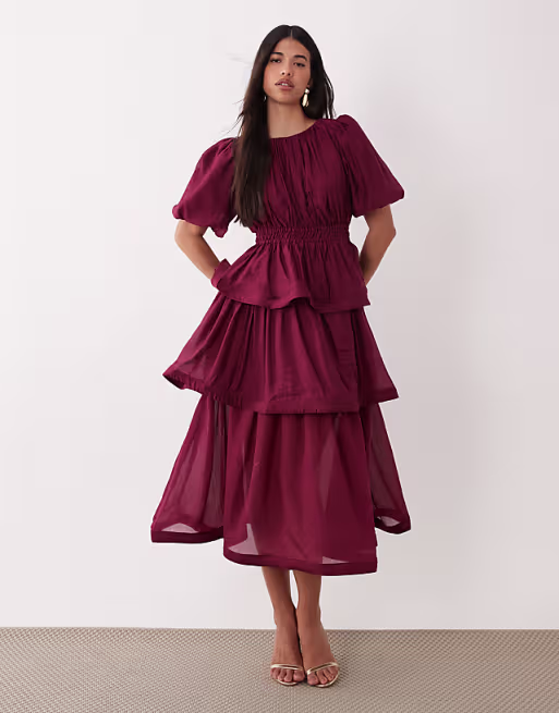 YAS premium volume tiered maxi dress in burgundy