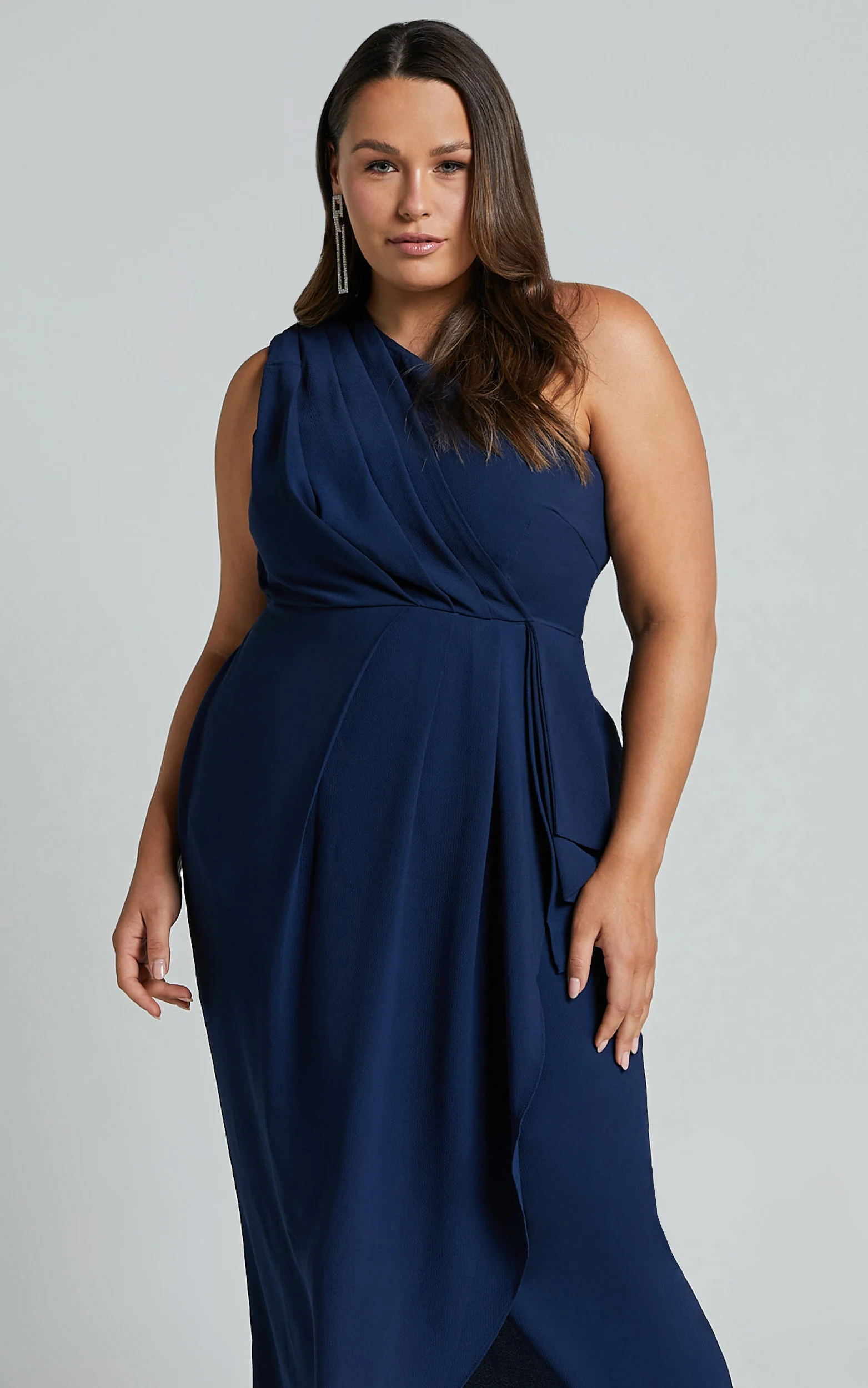 Namaari Midi Dress - Faux Wrap One Shoulder Dress in Navy