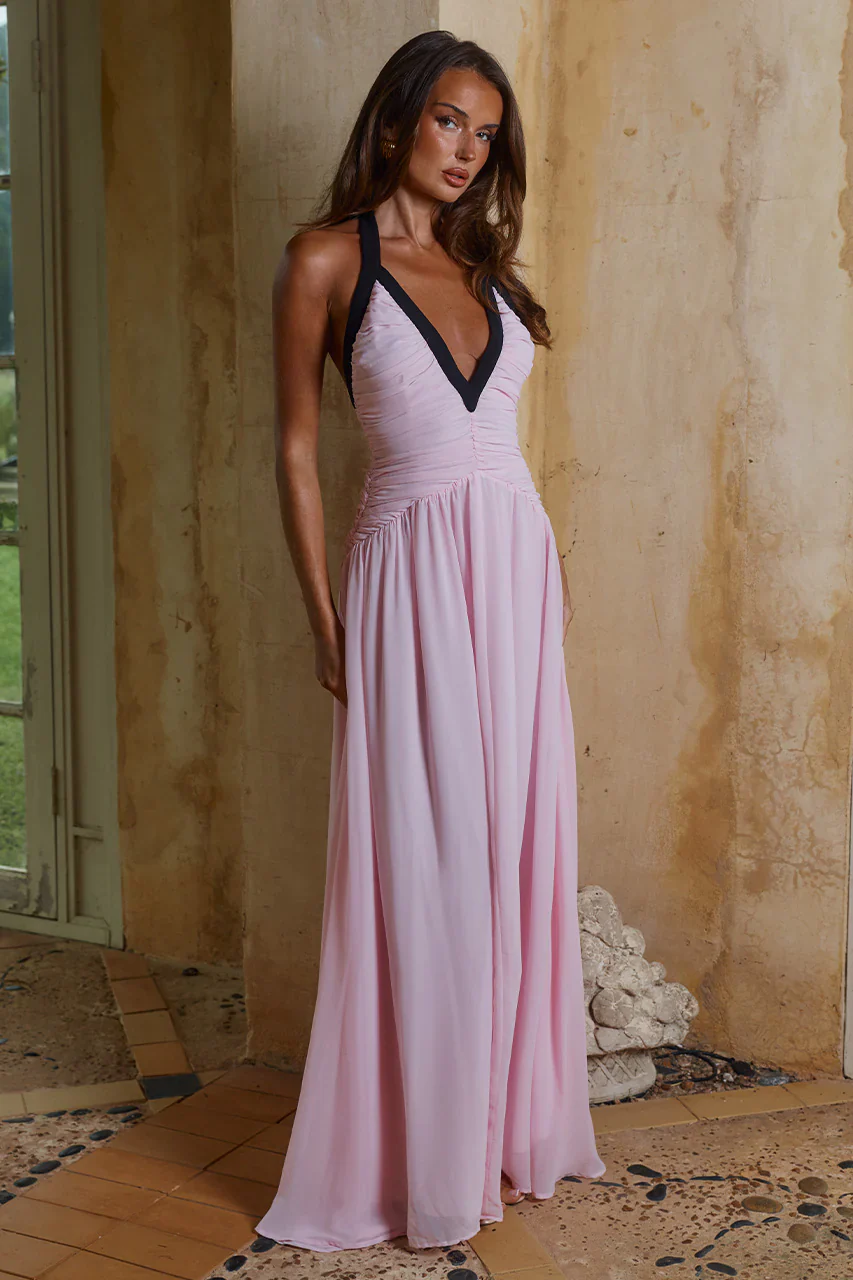 CAROLINA HALTER RUCHED MAXI DRESS - MUSK