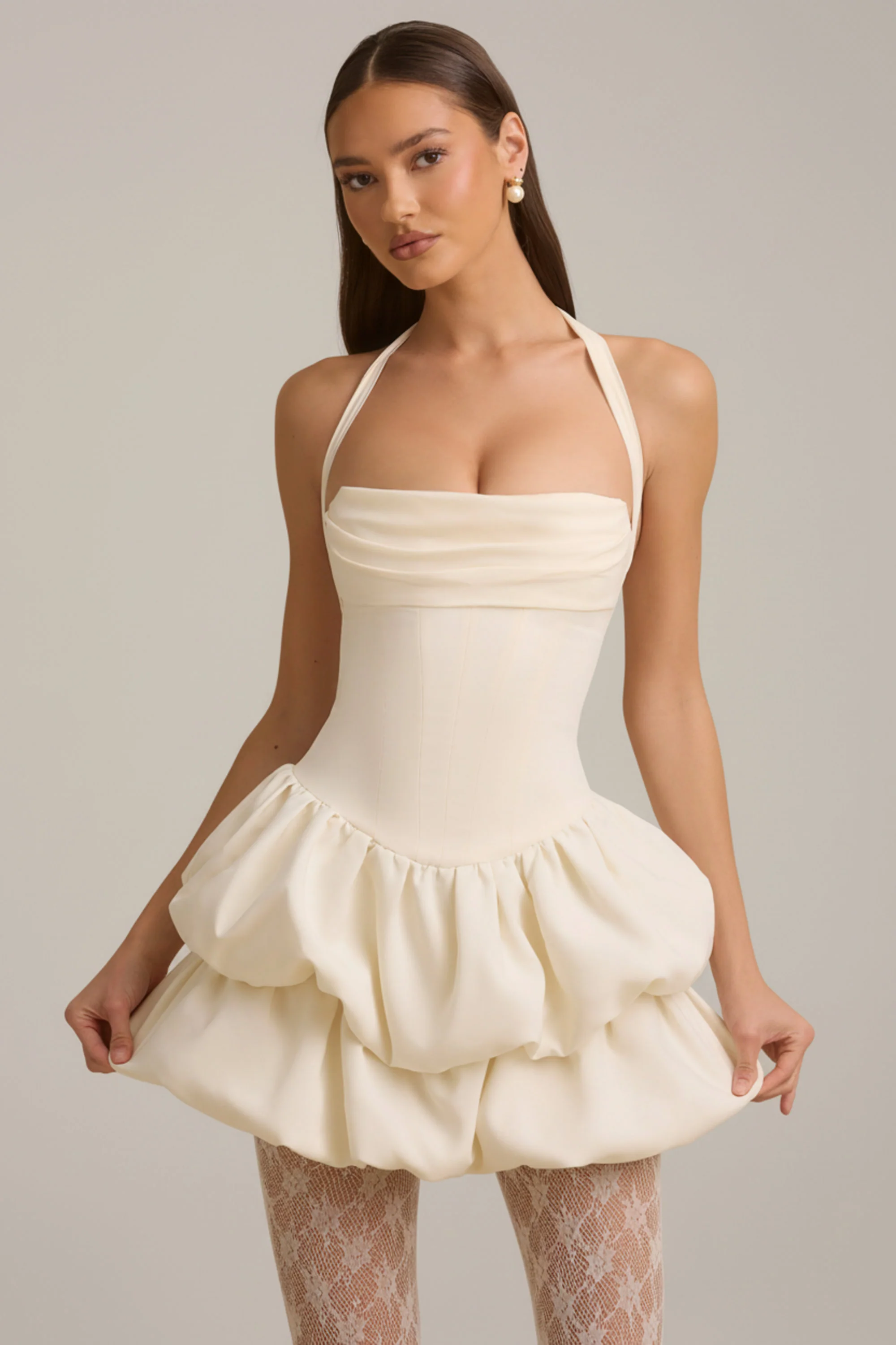 Halterneck Layered Bubble Hem Corset Mini Dress in Ivory