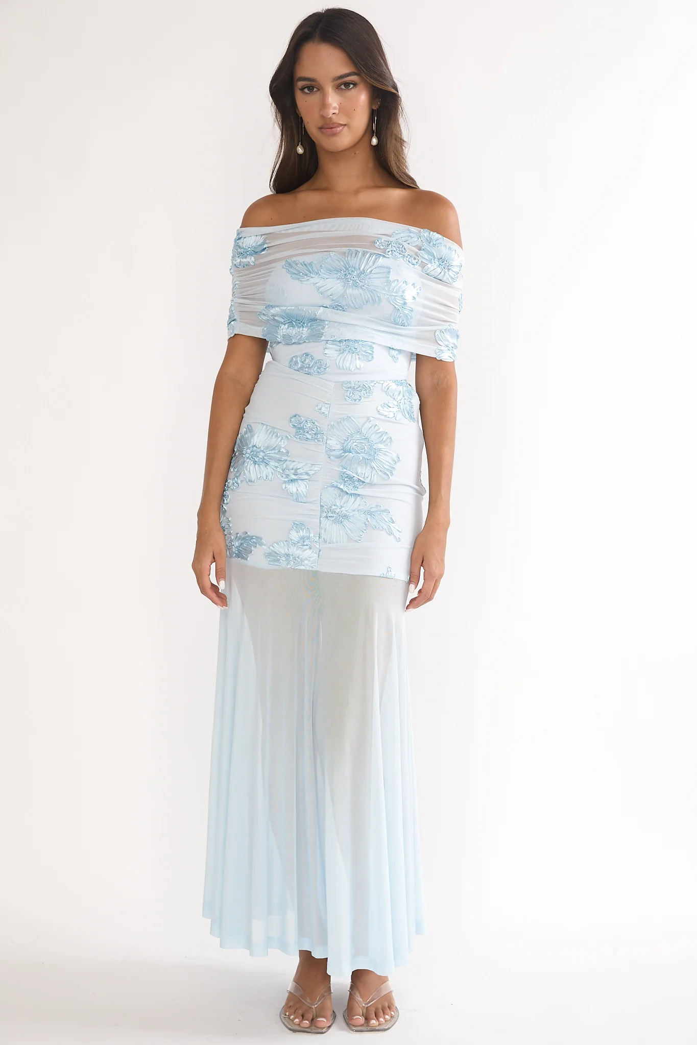 Clarita Sheer Ruched Maxi Dress Embellished Blue - luluinthesky