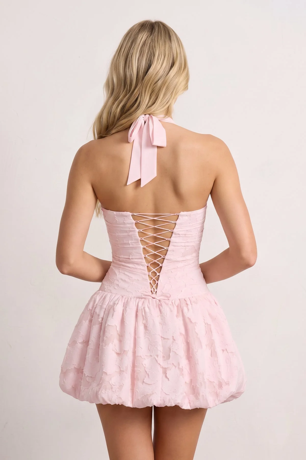Pink Halter Jacquard Chiffon A-Line Homecoming Dress