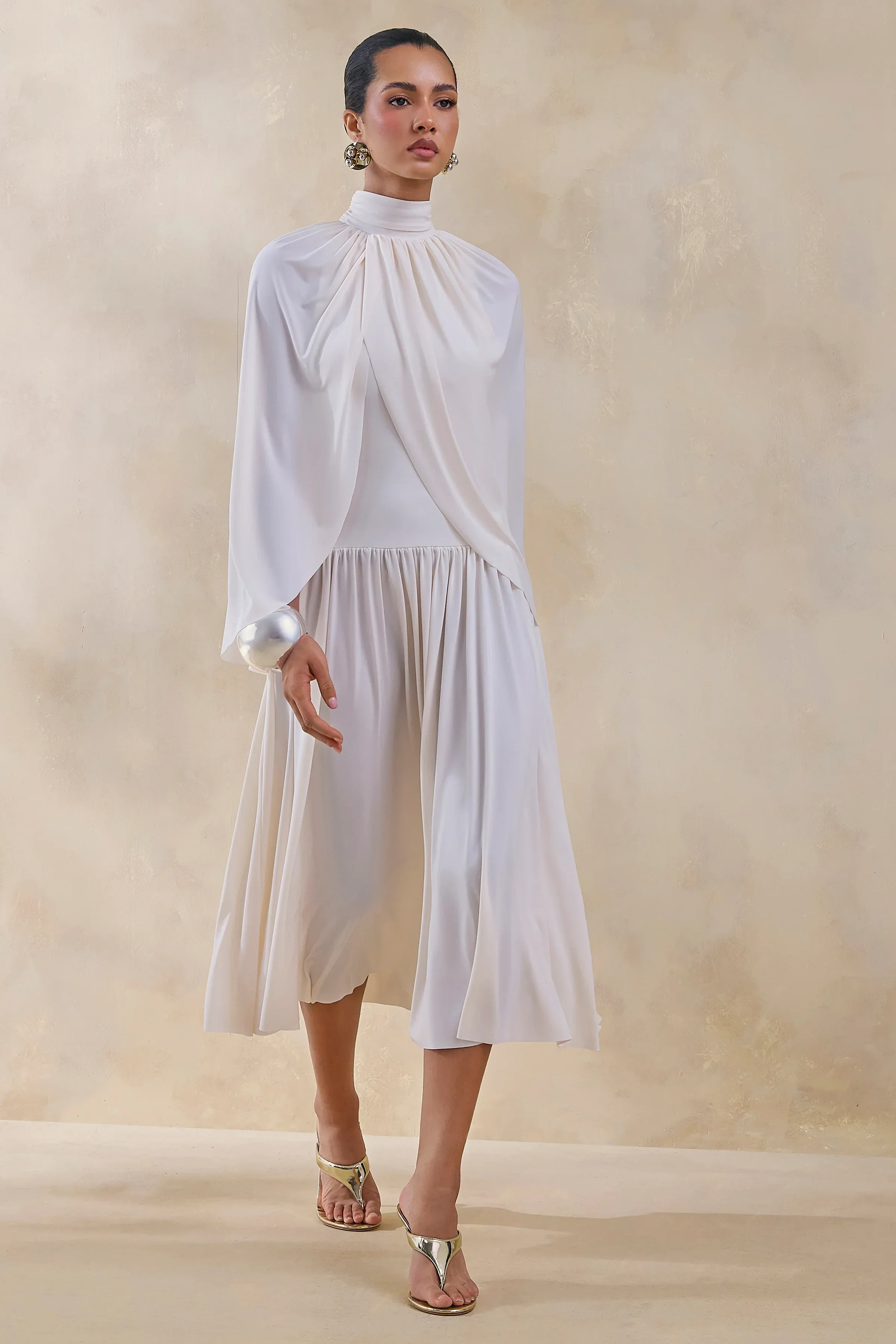 Honora | Cream High-Neck Maxi Dress With Cape-Sleeves
