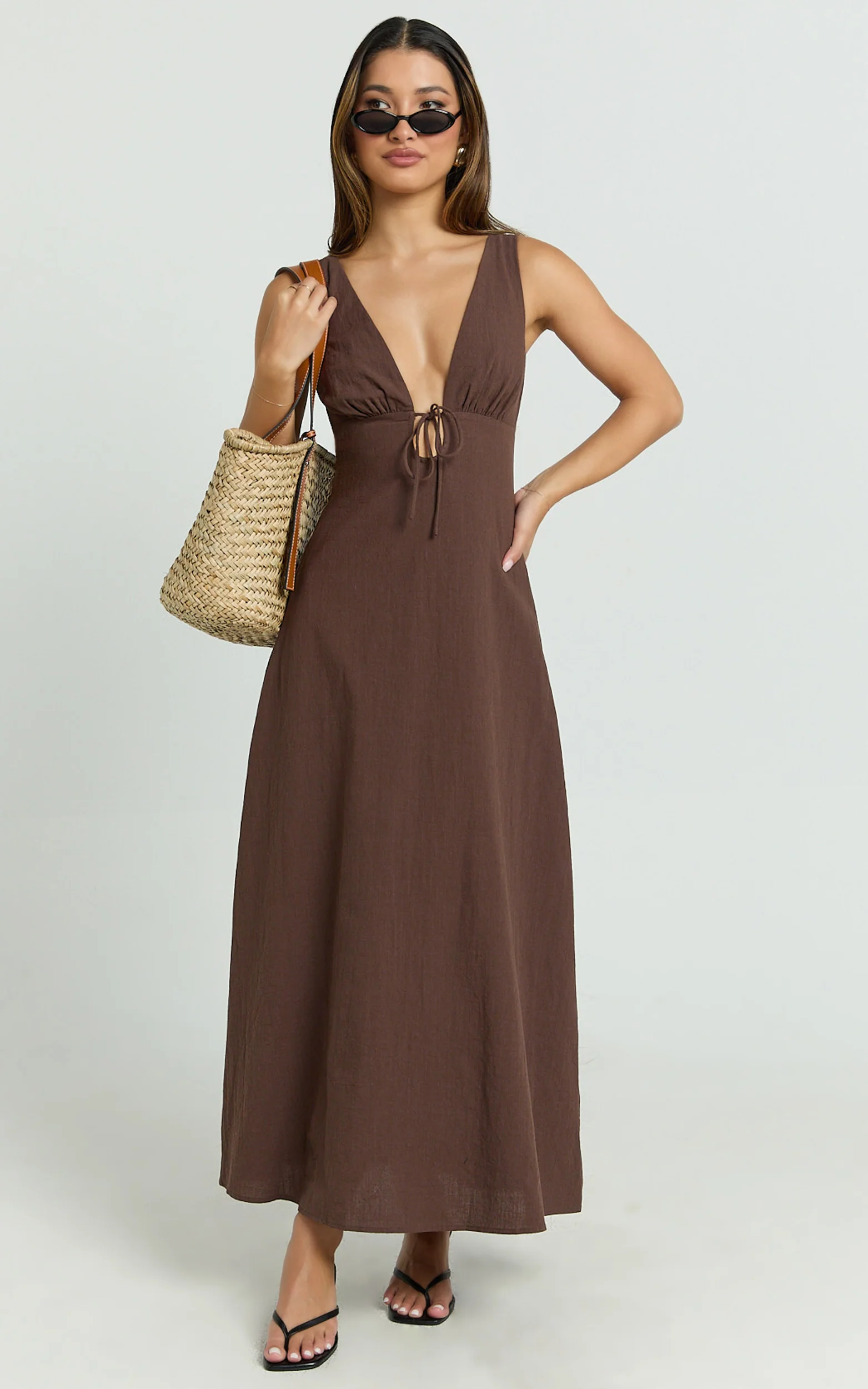 Silvena Midi Dress - Plunge Neckline Tie Front A Line Dress in Chocolate