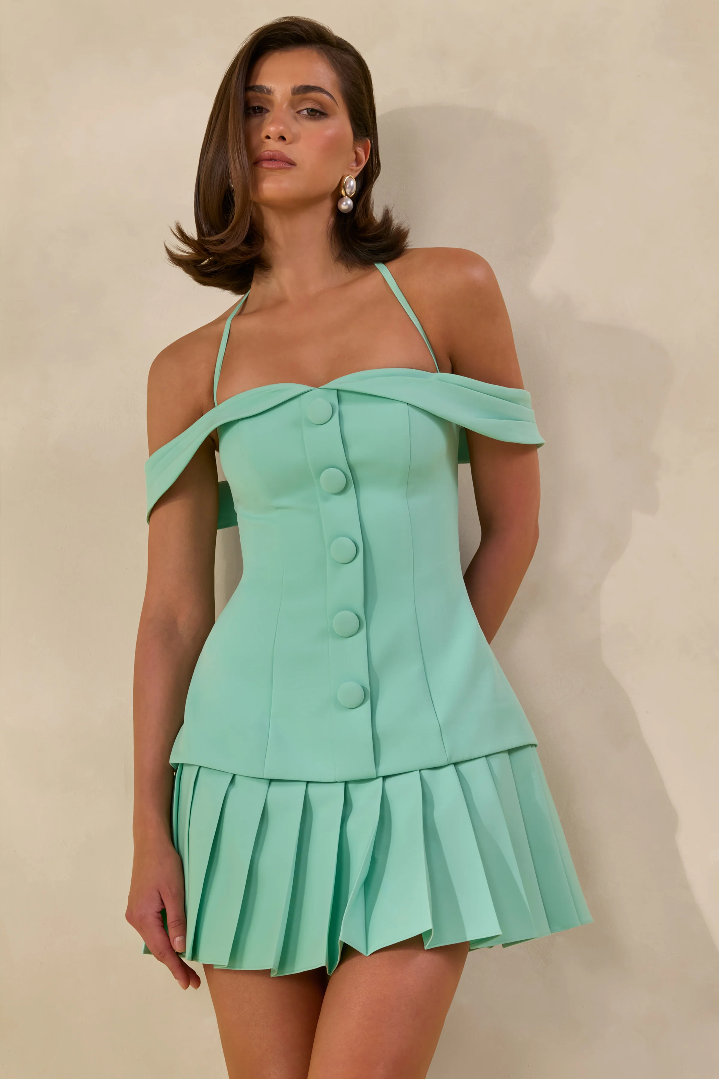Celeta | Mint Bardot-Neck Mini Dress With Button-Detailing And Pleated-Hem