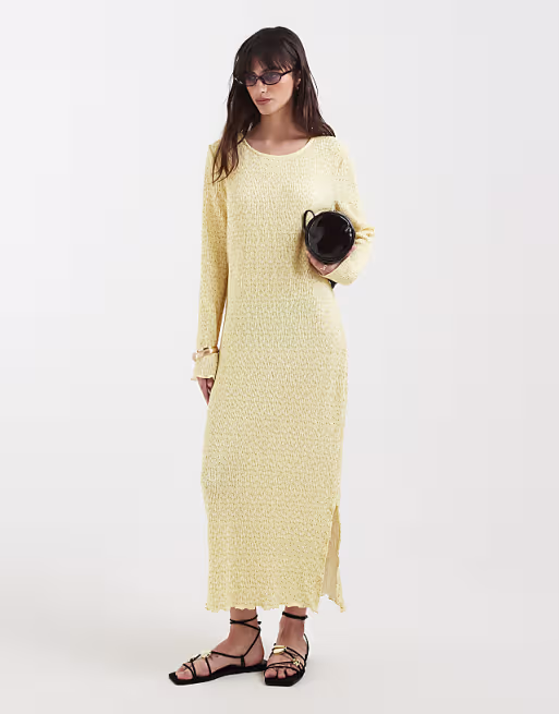 PIECES long sleeve plissé midi dress in yellow micro floral print