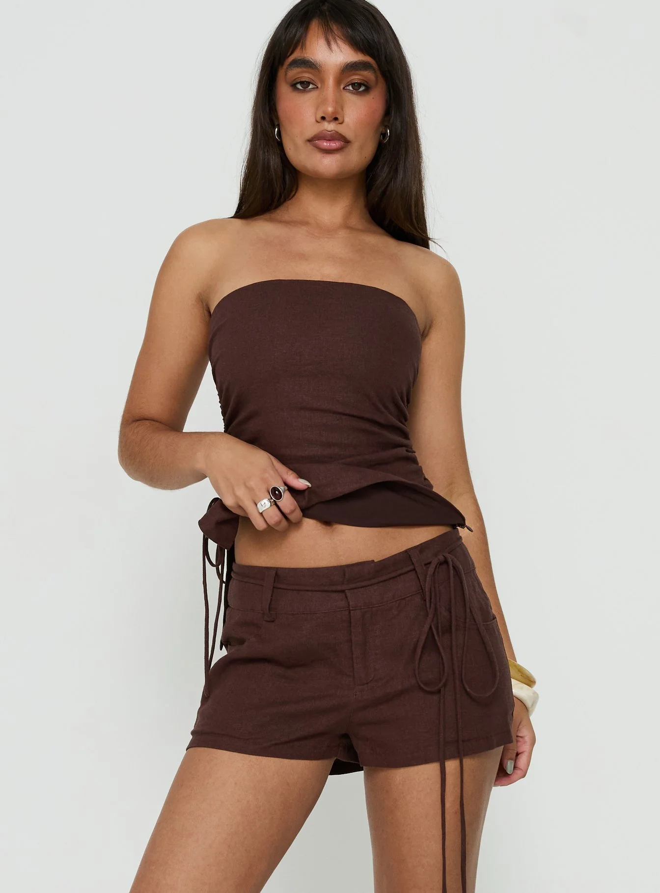 Lylie Linen Blend Tie Side Micro Shorts Brown