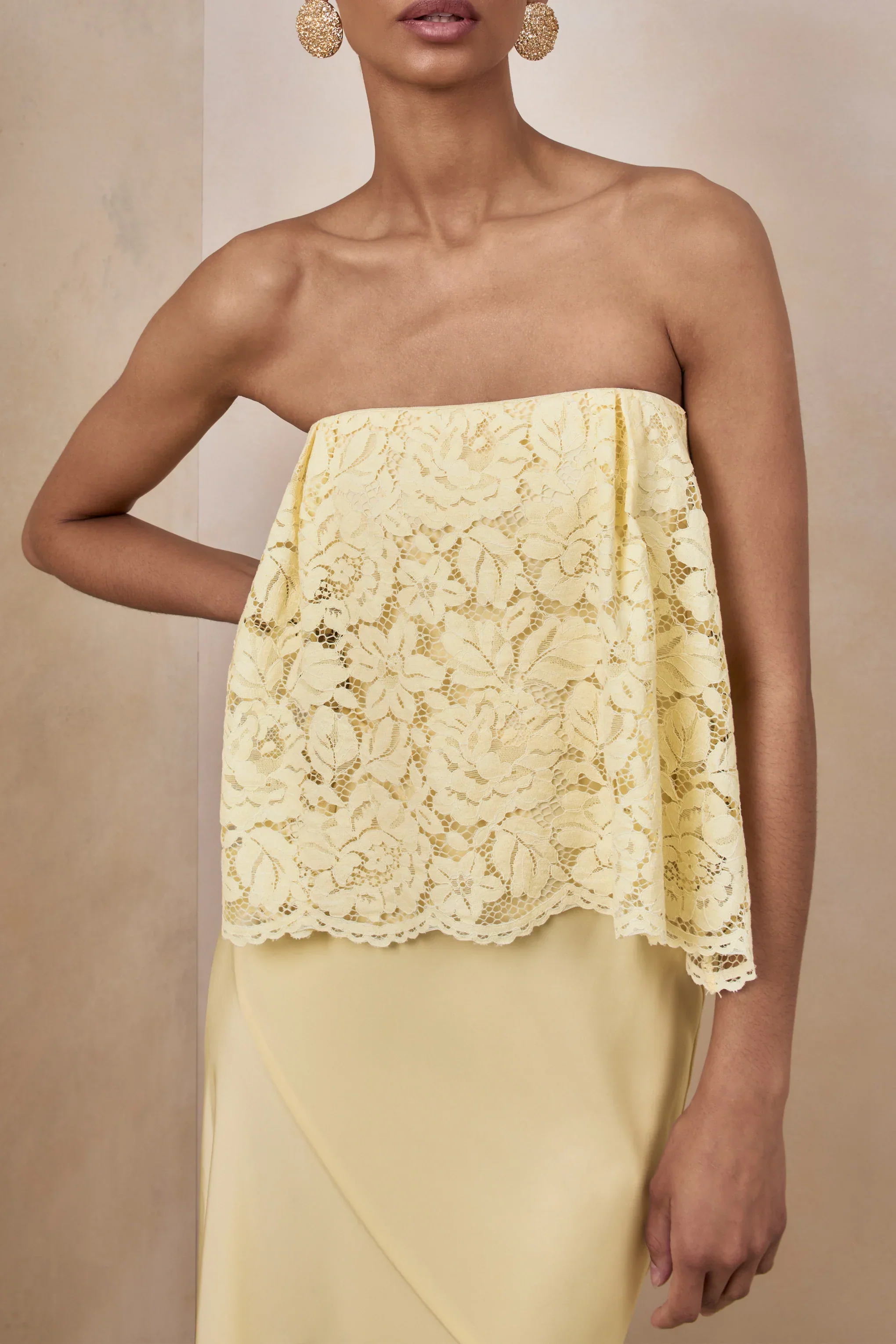 Clemency | Lemon Lace And Satin Bandeau Maxi Dress