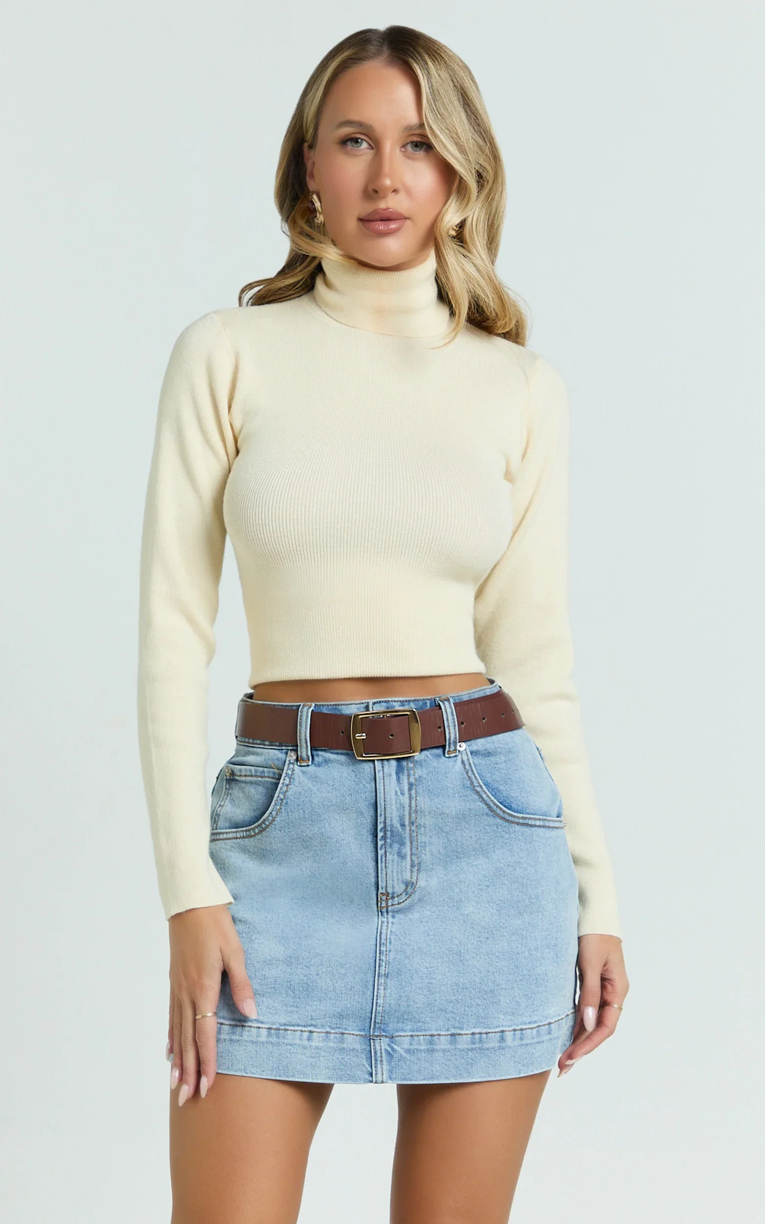 Natalie Top - Long Sleeve Roll Neck Knitted Top in Cream