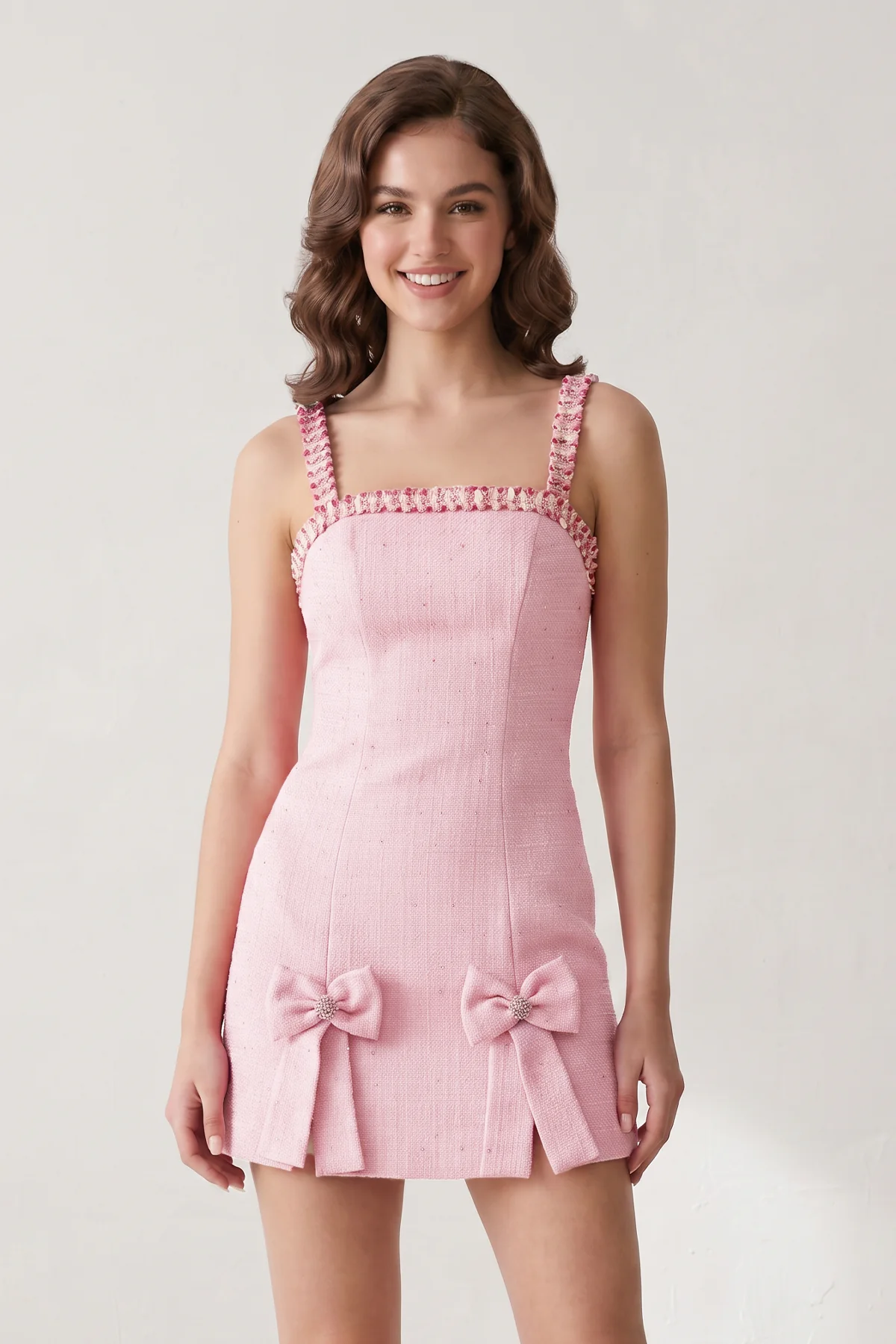 Pink Spaghetti Straps Beaded Sheath Homecoming Dress With Bows