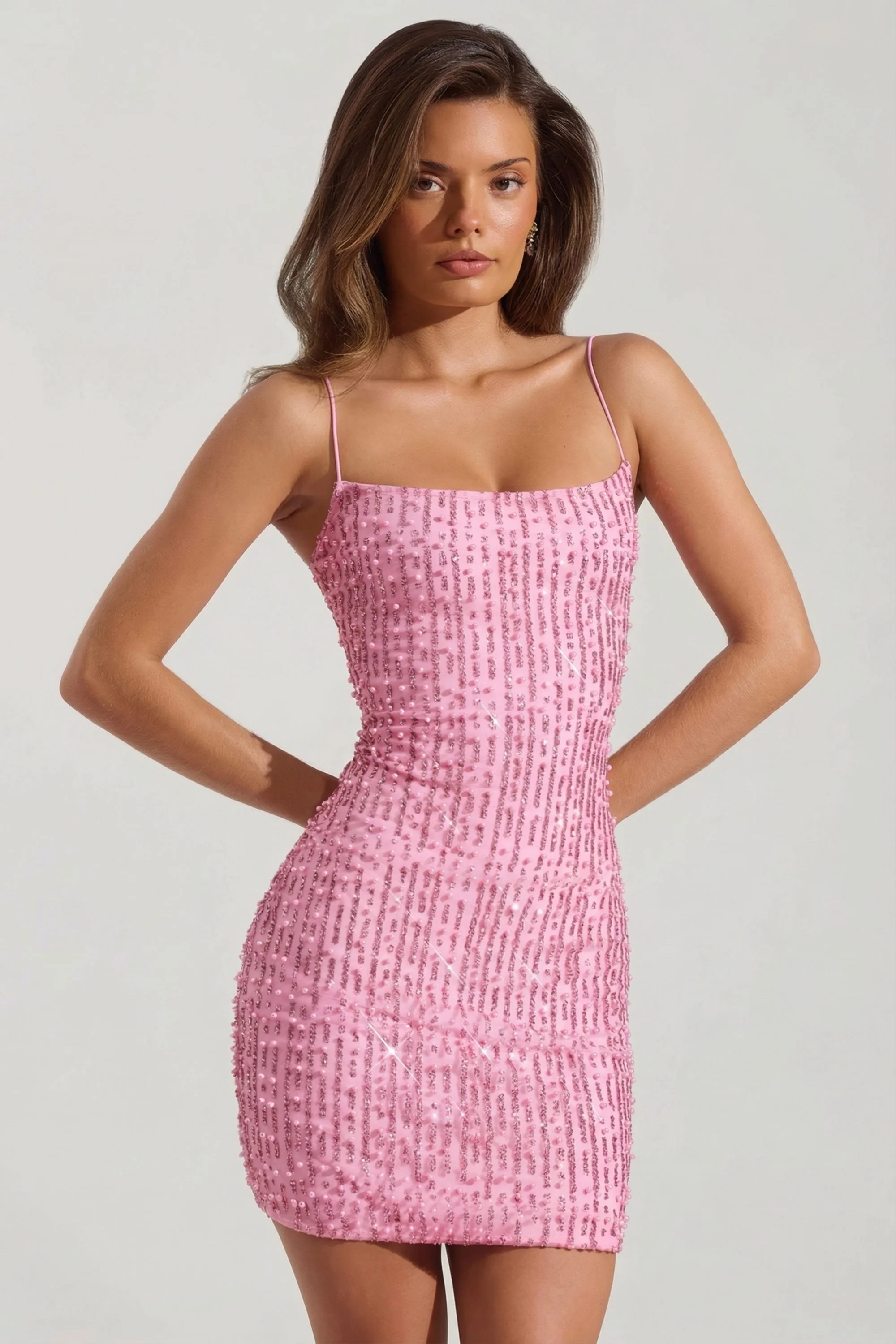 Embellished Scoop-Neck Bodycon Mini Dress in Pink