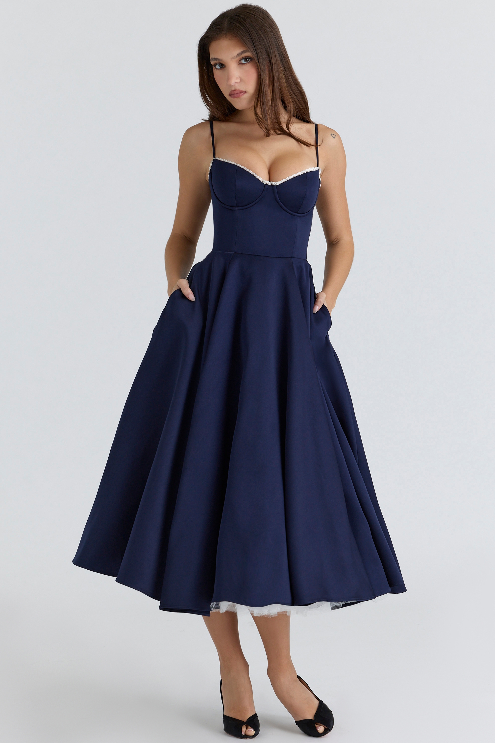 navy satin tulle midi dress