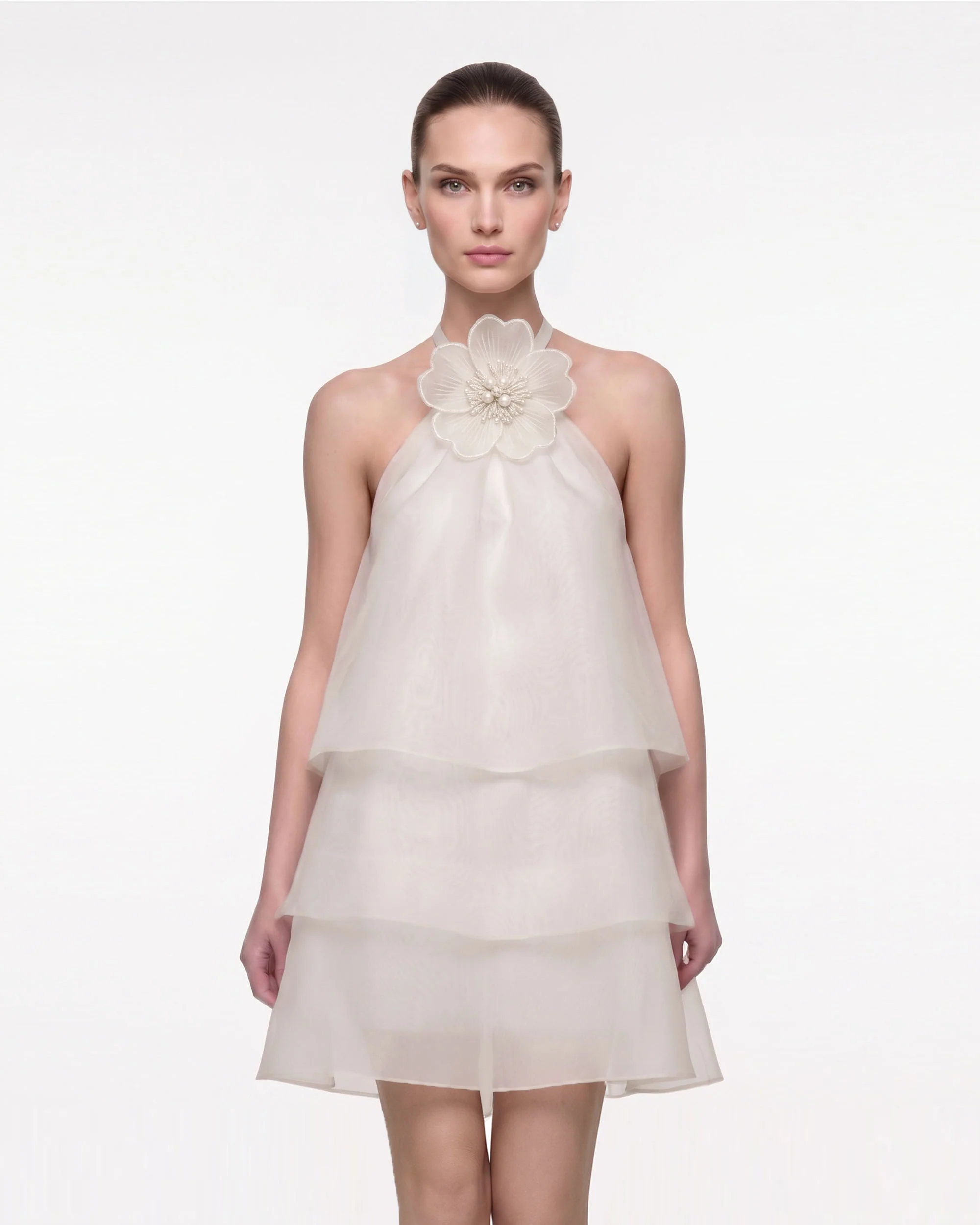3D Floral Halter Tiered Mini Dress - Ivory