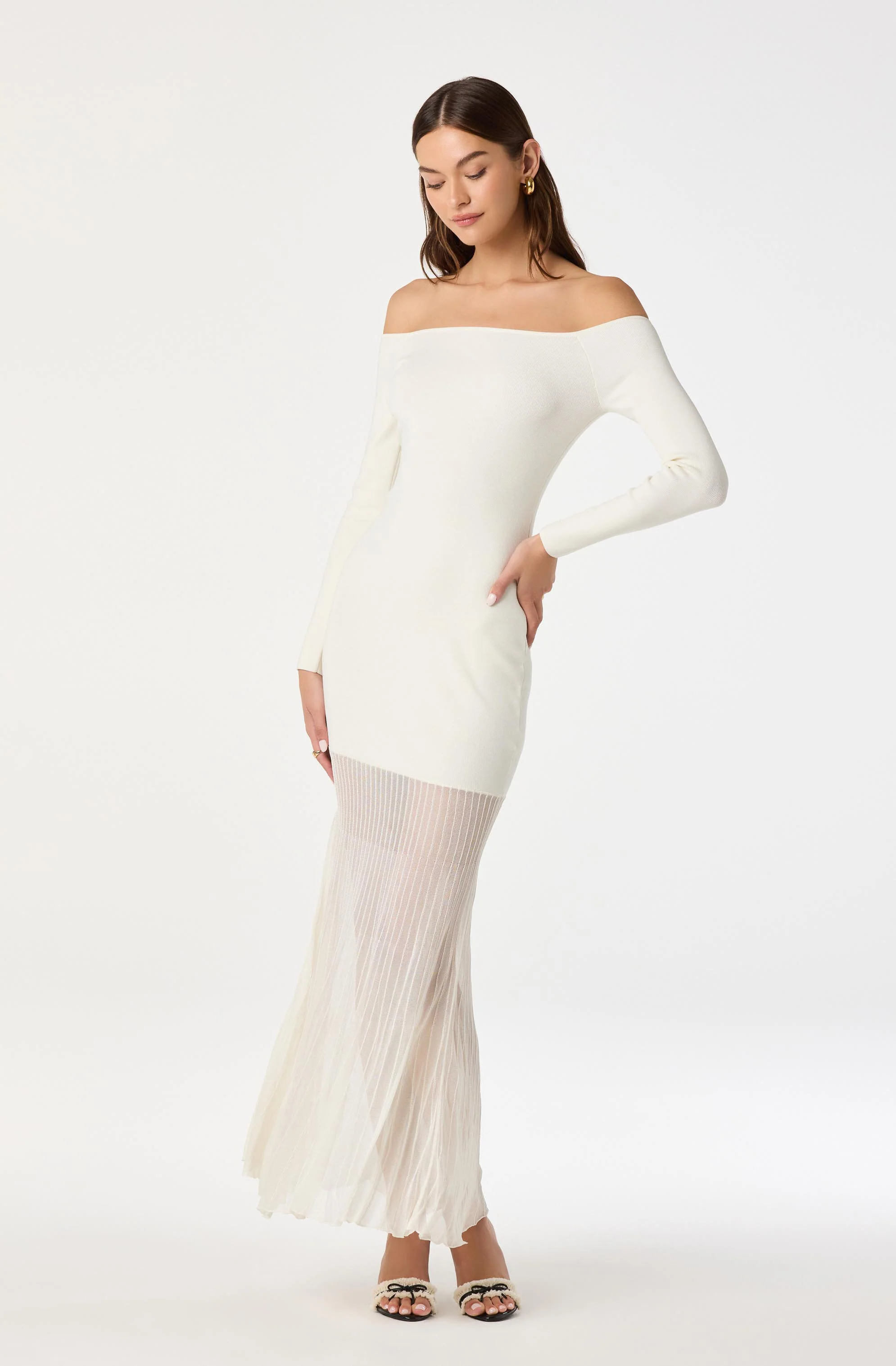 Off Shoulder Mesh Panel Hem Maxi Dress - luluinthesky