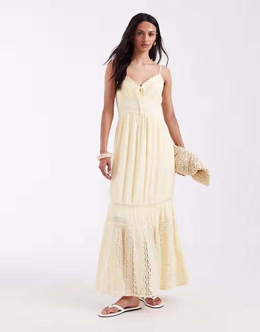 Hollister strappy maxi dress with lace embroidery detail in yellow