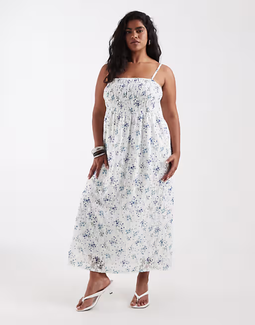 PIECES Curve smocked lace cami maxi dress in blue ditsy floral print