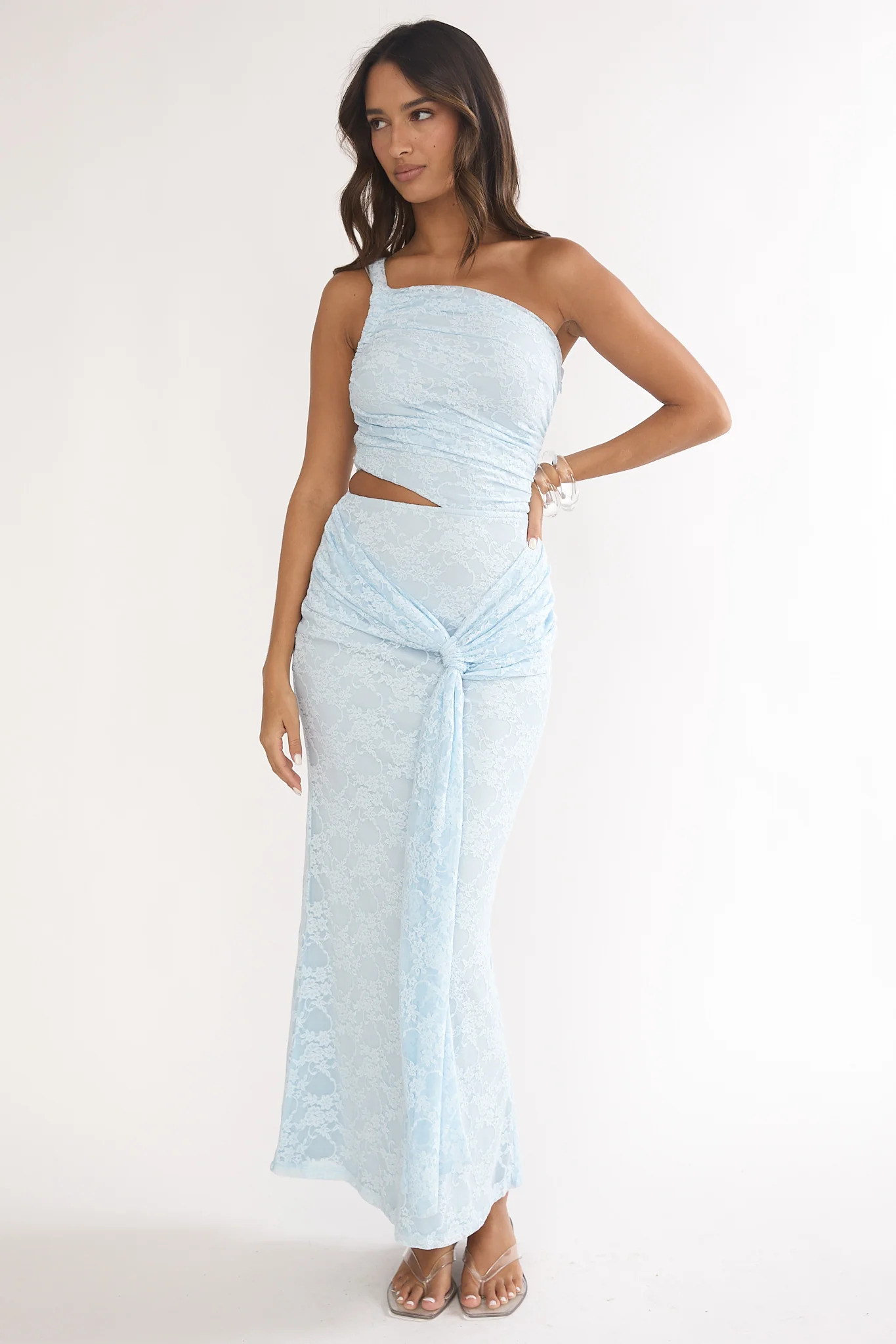 Luli One-Shoulder Cut-Out Maxi Dress Textured Light Blue - luluinthesky