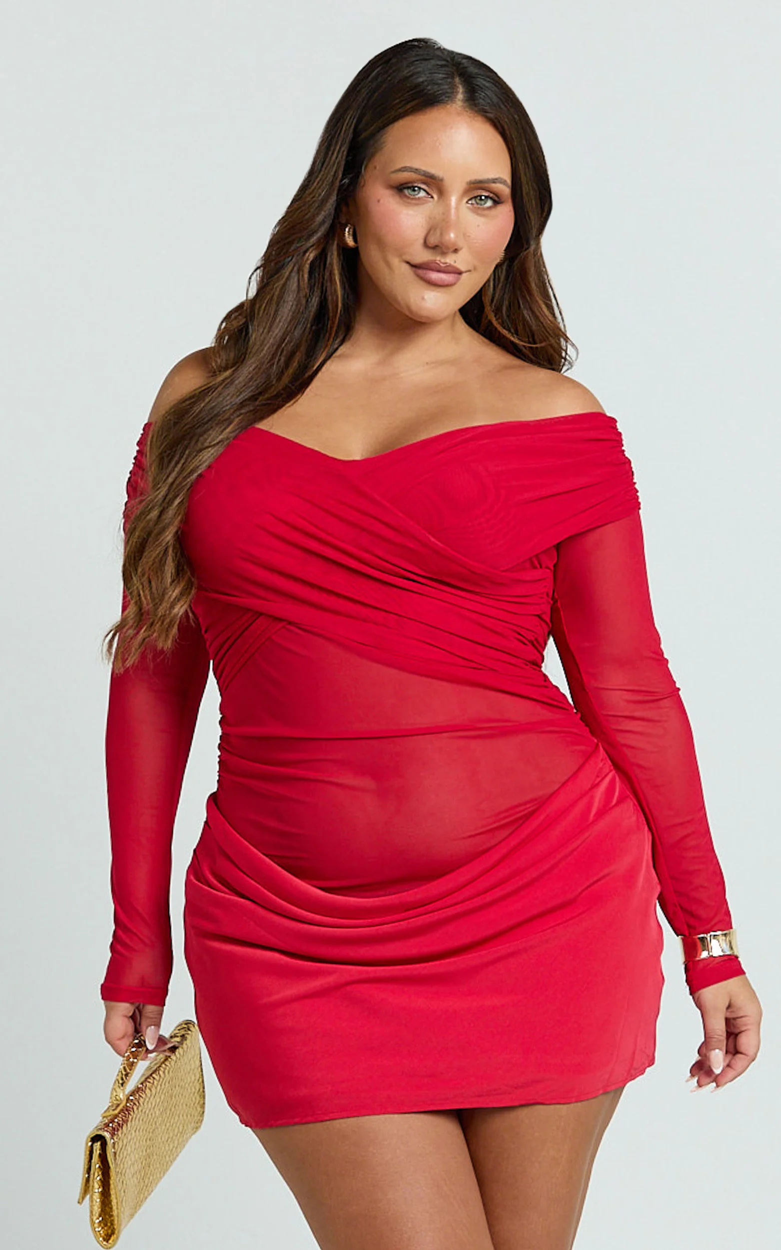 Jade Mini Dress - Long Sleeve Off Shoulder Draped Bias Cut Dress in Red