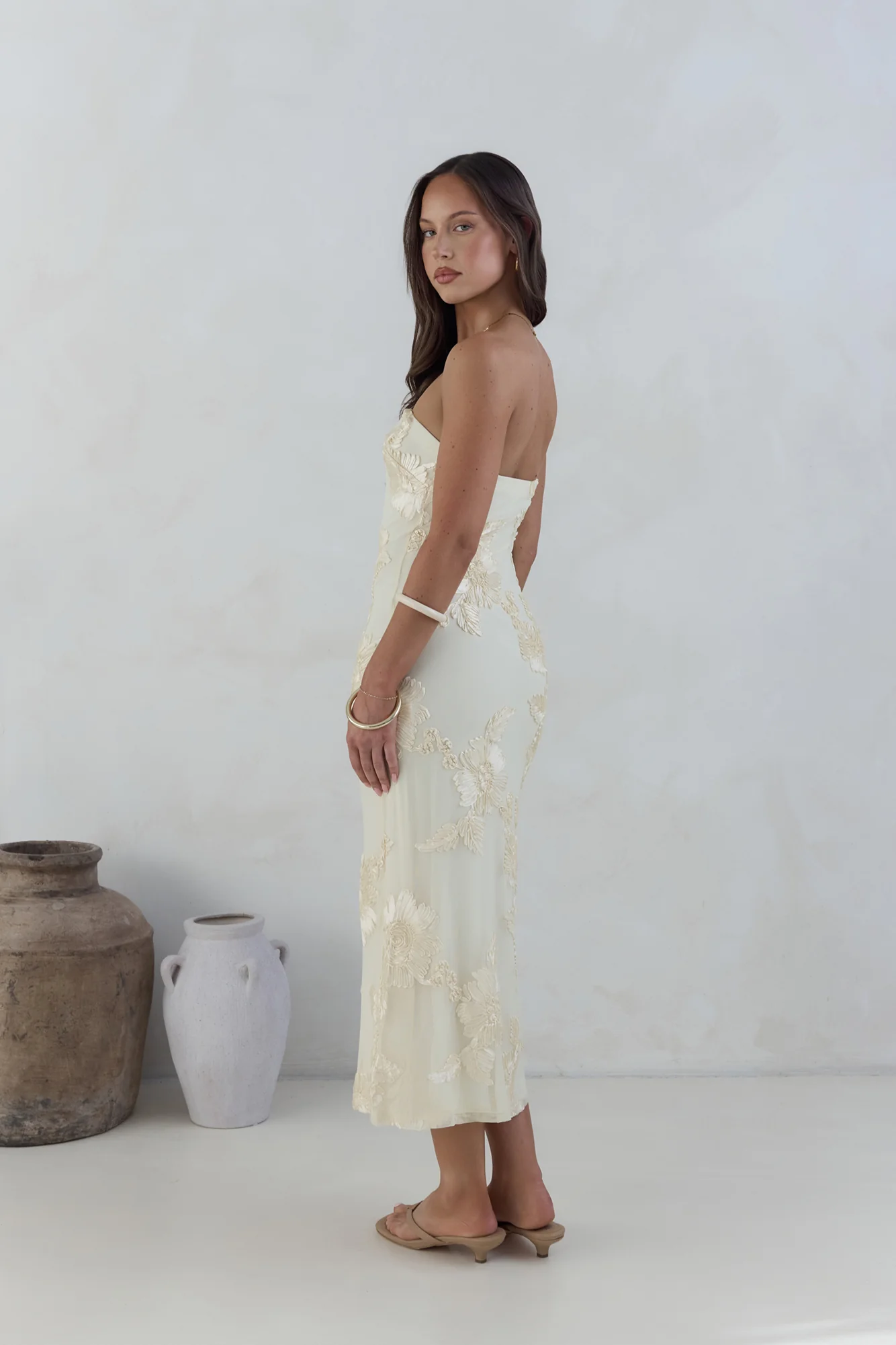 Golden Voyage Strapless Midi Dress Yellow - luluinthesky