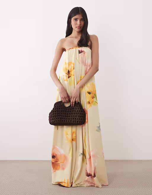 strapless maxi dress in yellow floral print