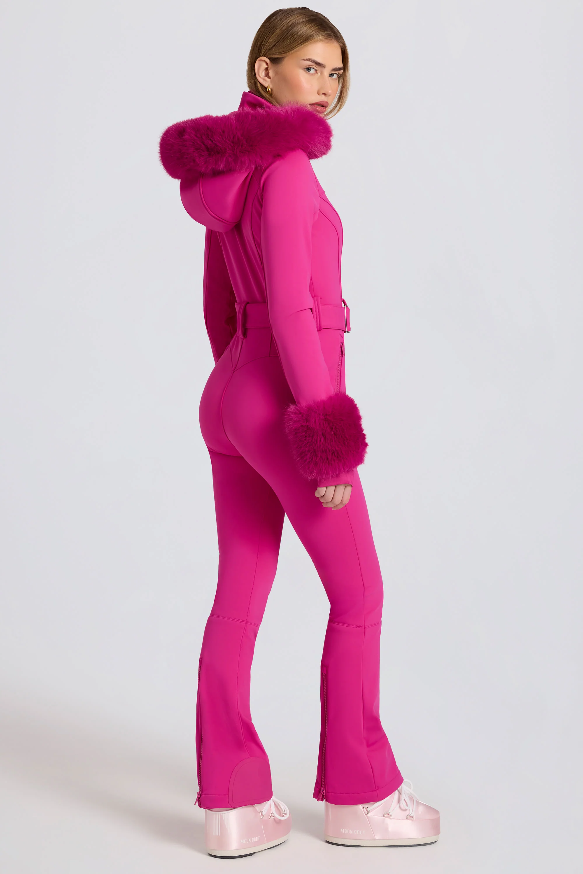 Waterproof Faux-Fur Hood Fitted Ski Suit in Magenta Pink