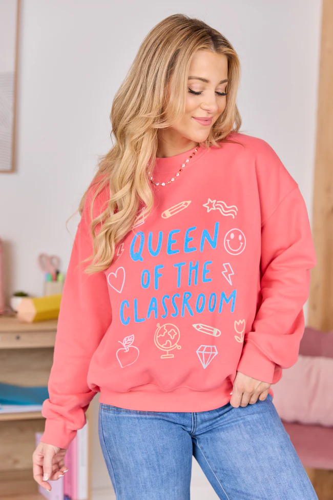 Queen Of The Classroom Light Red Graphic Sweatshirt