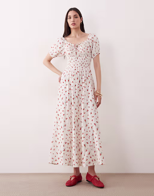 Esmée puff sleeve tie front maxi beach dress in red ditsy floral