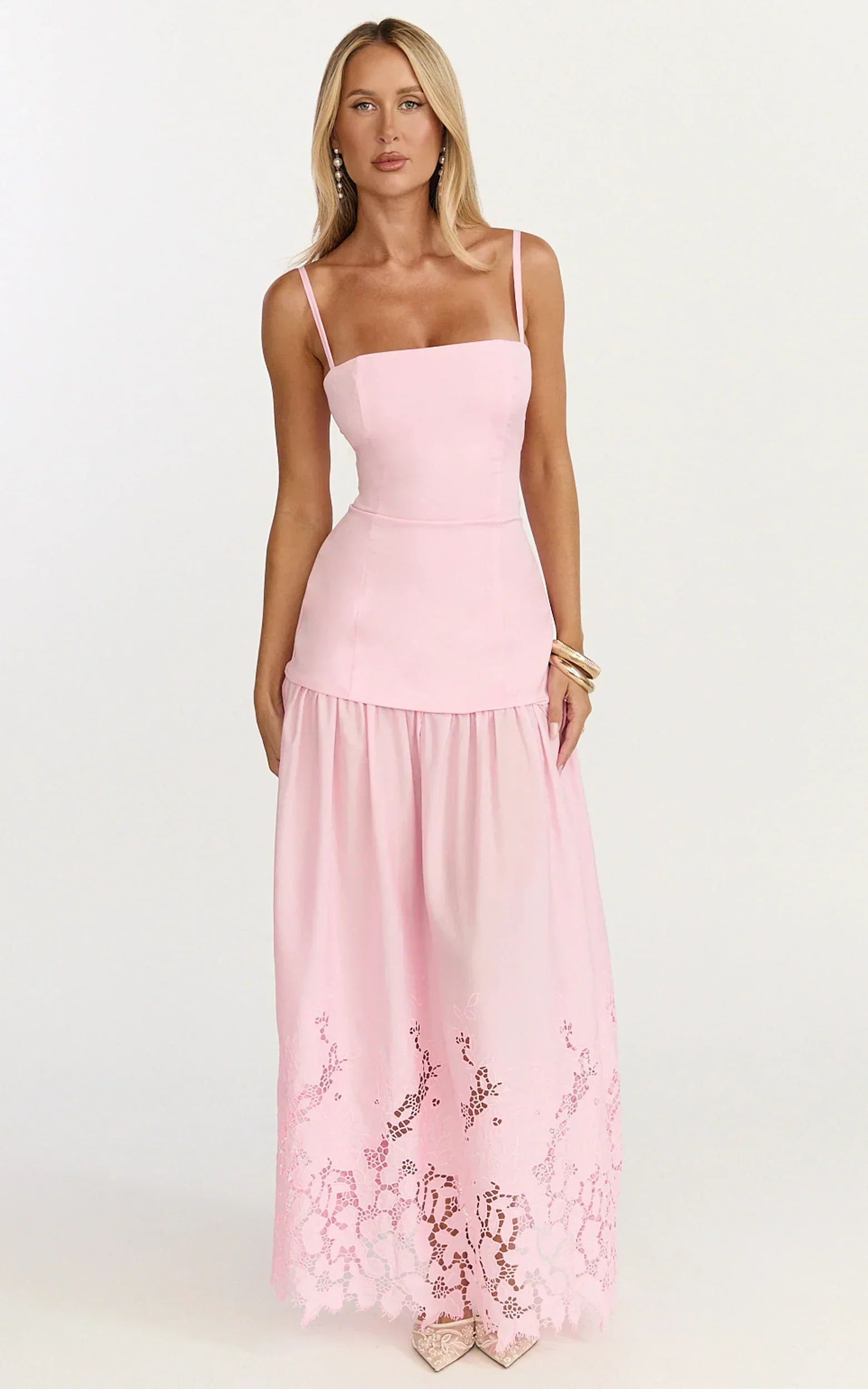 Everly Maxi Dress - Straight Neck Broderie Cut Out Hem Dress In Pink - luluinthesky