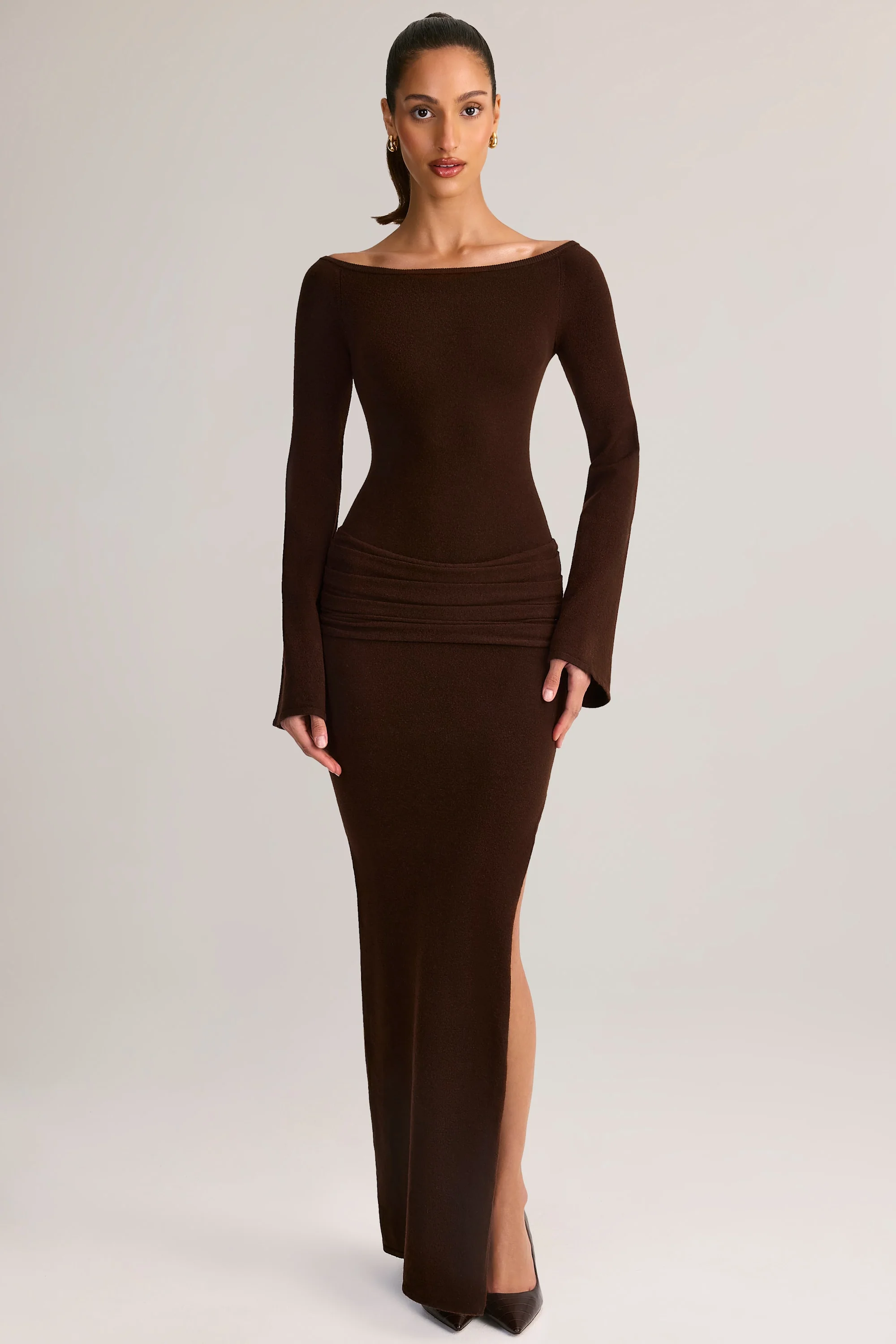 Rib-Knit Boat-Neck Long-Sleeve Maxi Dress in Chocolate Brown