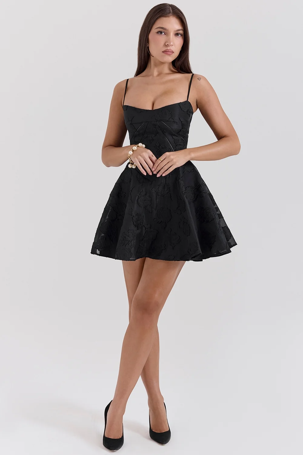 black floral lace back mini dress