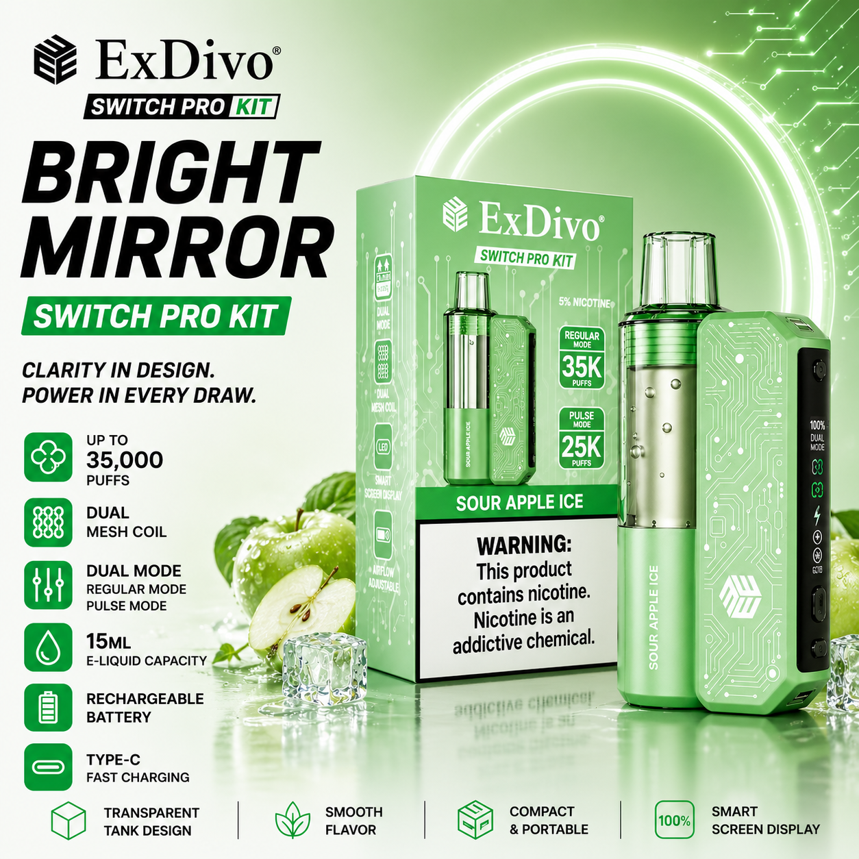 SOUR APPLE ICE - ExDivo BRIGHT MIRROR 35K Replaceable VAPE kit