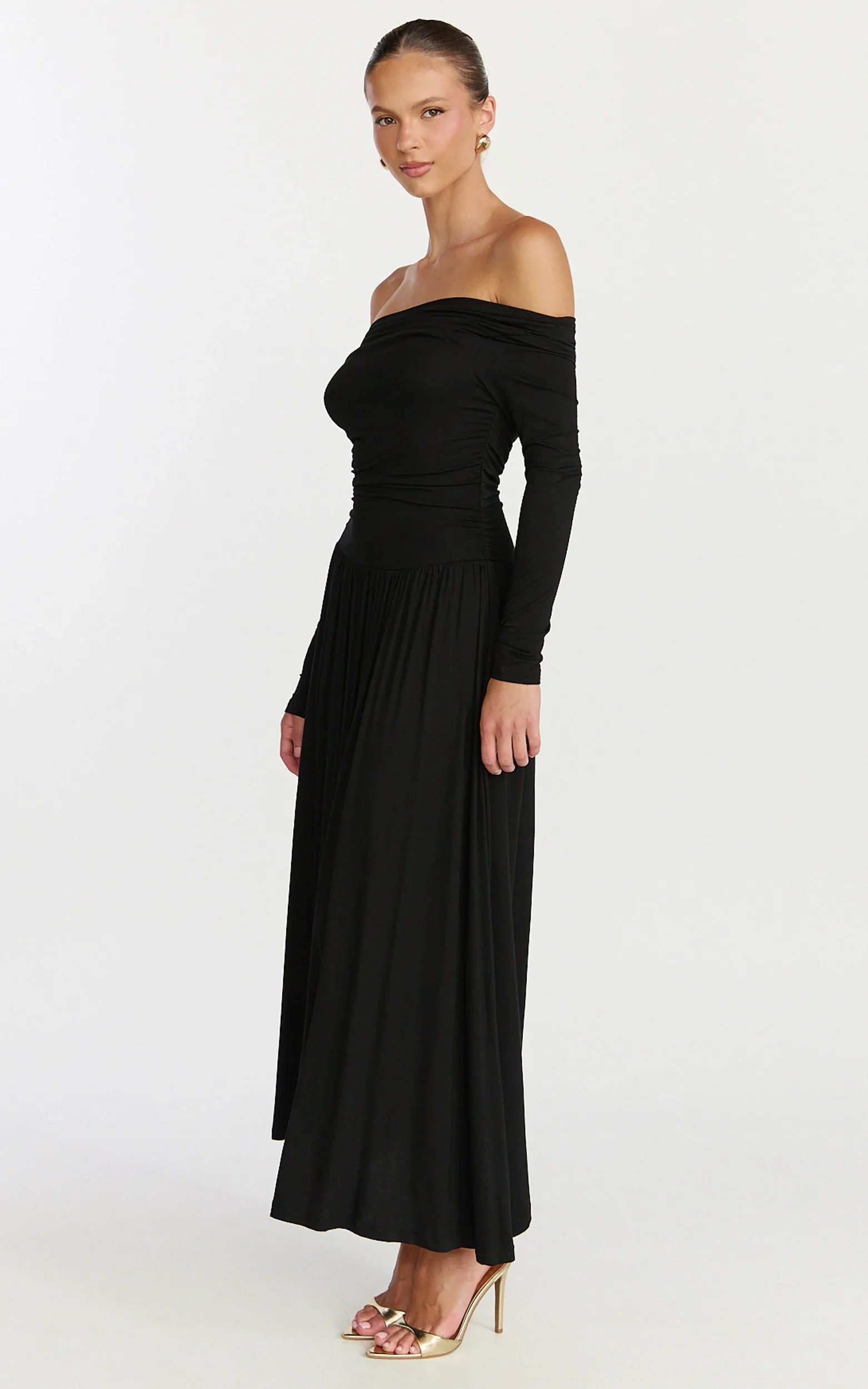 Antonia Midi Dress - Off The Shoulder Long Sleeve Dress in Black