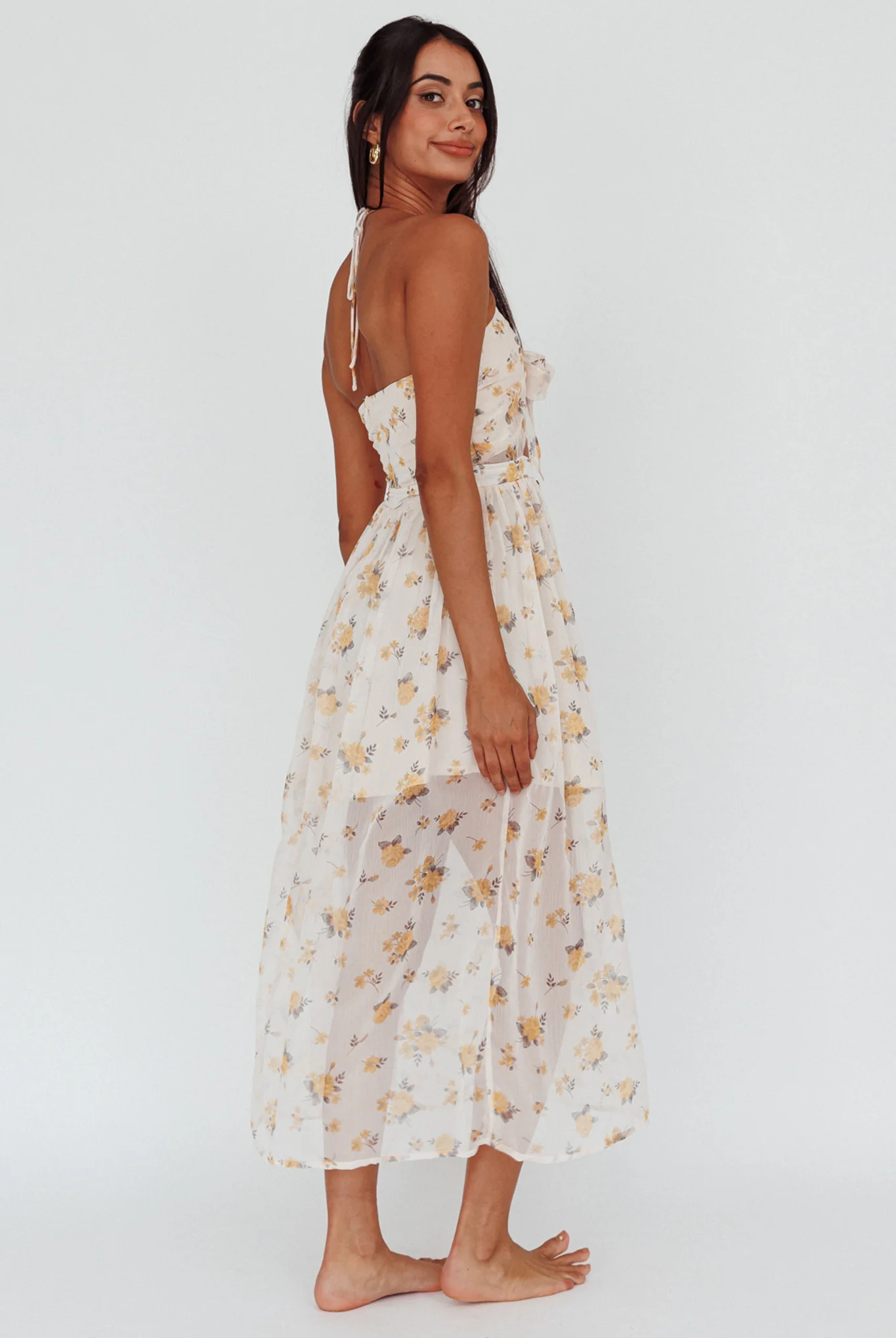 Los Feliz Tied Bust Halterneck Midi Dress Sheer Floral Yellow