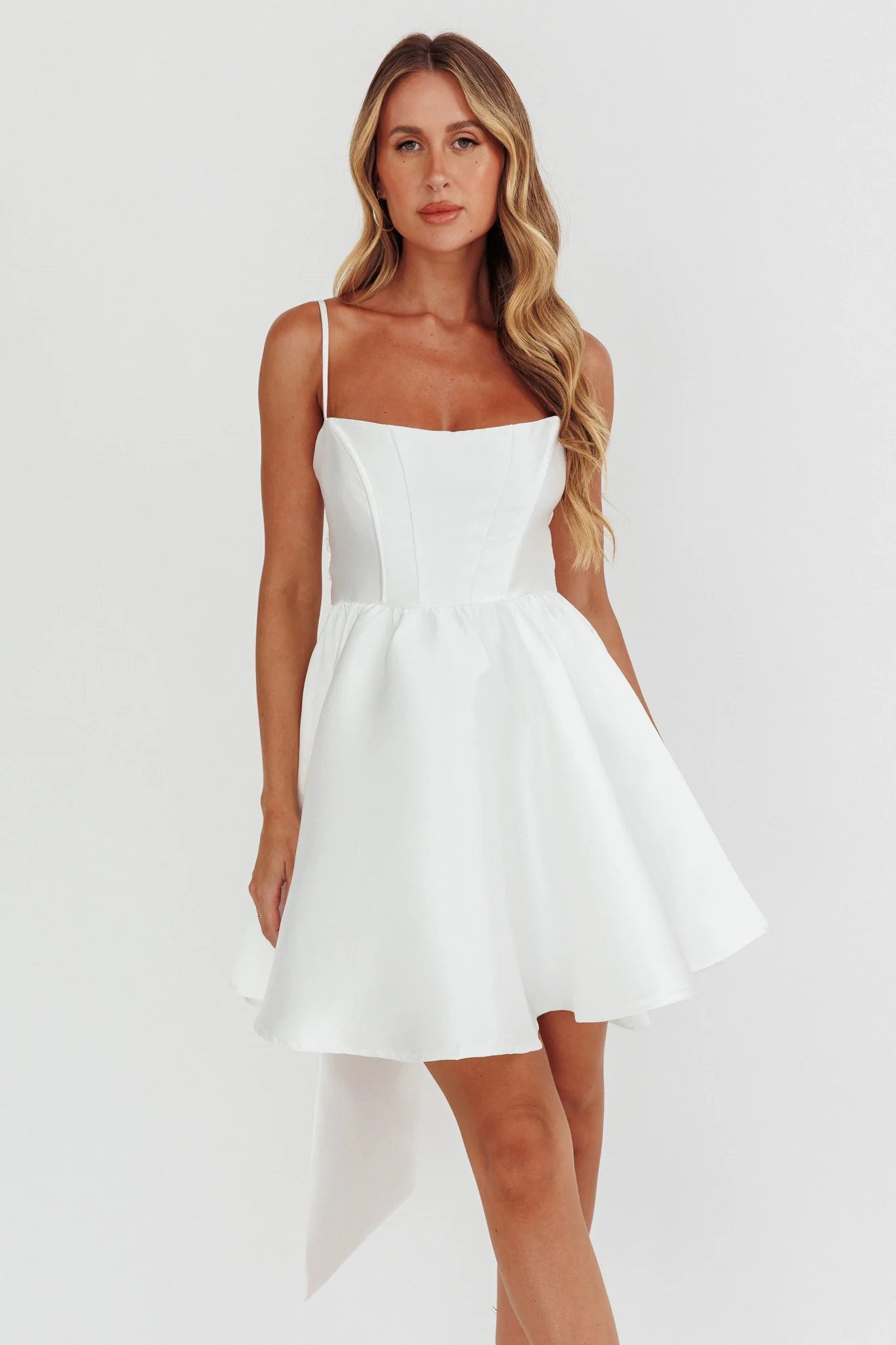 Athens Flared Bow Mini Dress White - luluinthesky