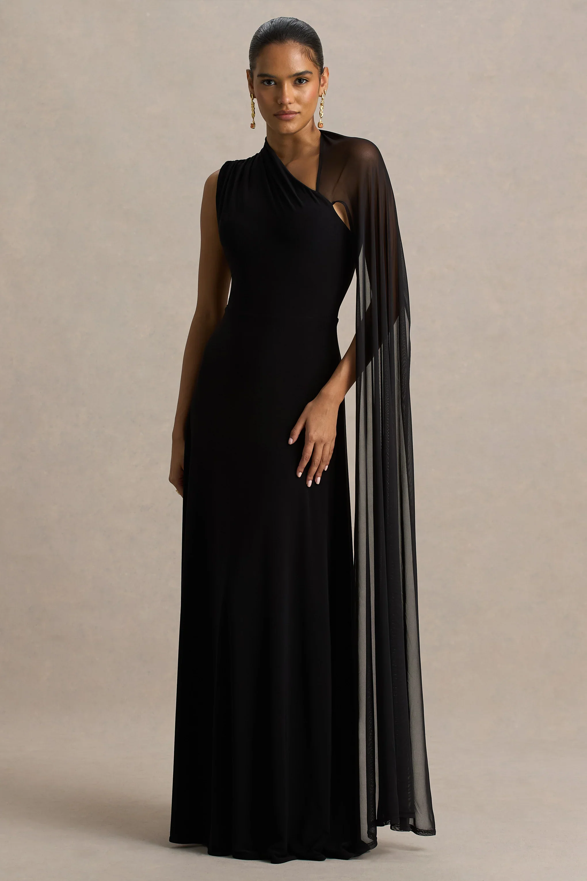 Selena | Black High-Neck Maxi Dress With Cut-Out And Cape Sleeve Detail