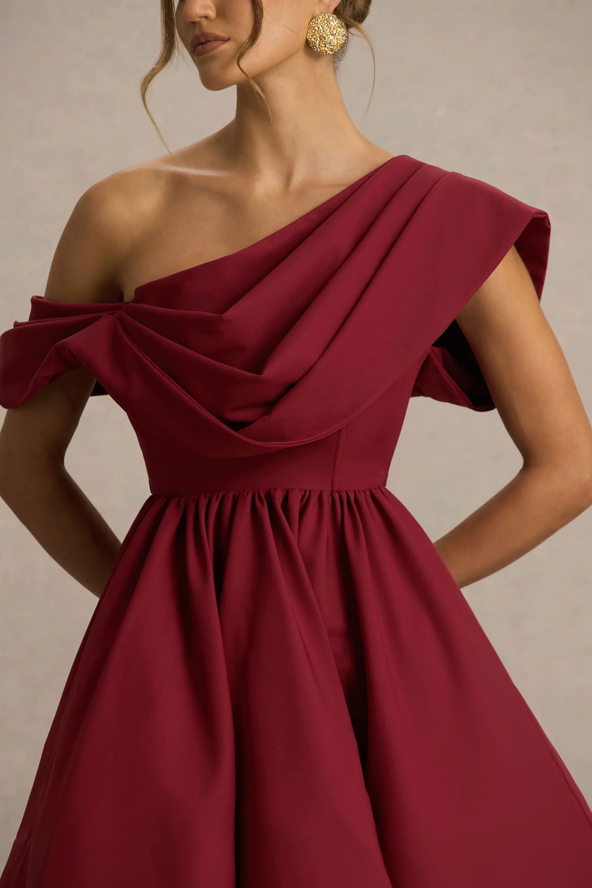 Verona | Burgundy  Draped Asymmetric-Neck Skater Mini Dress