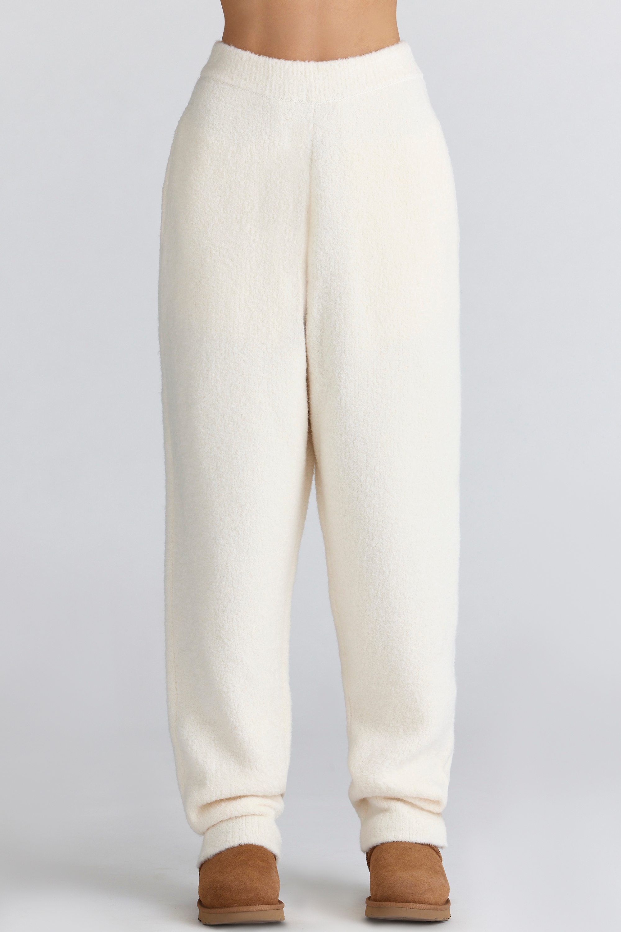 Ivory Wool Boucle Knit Trousers