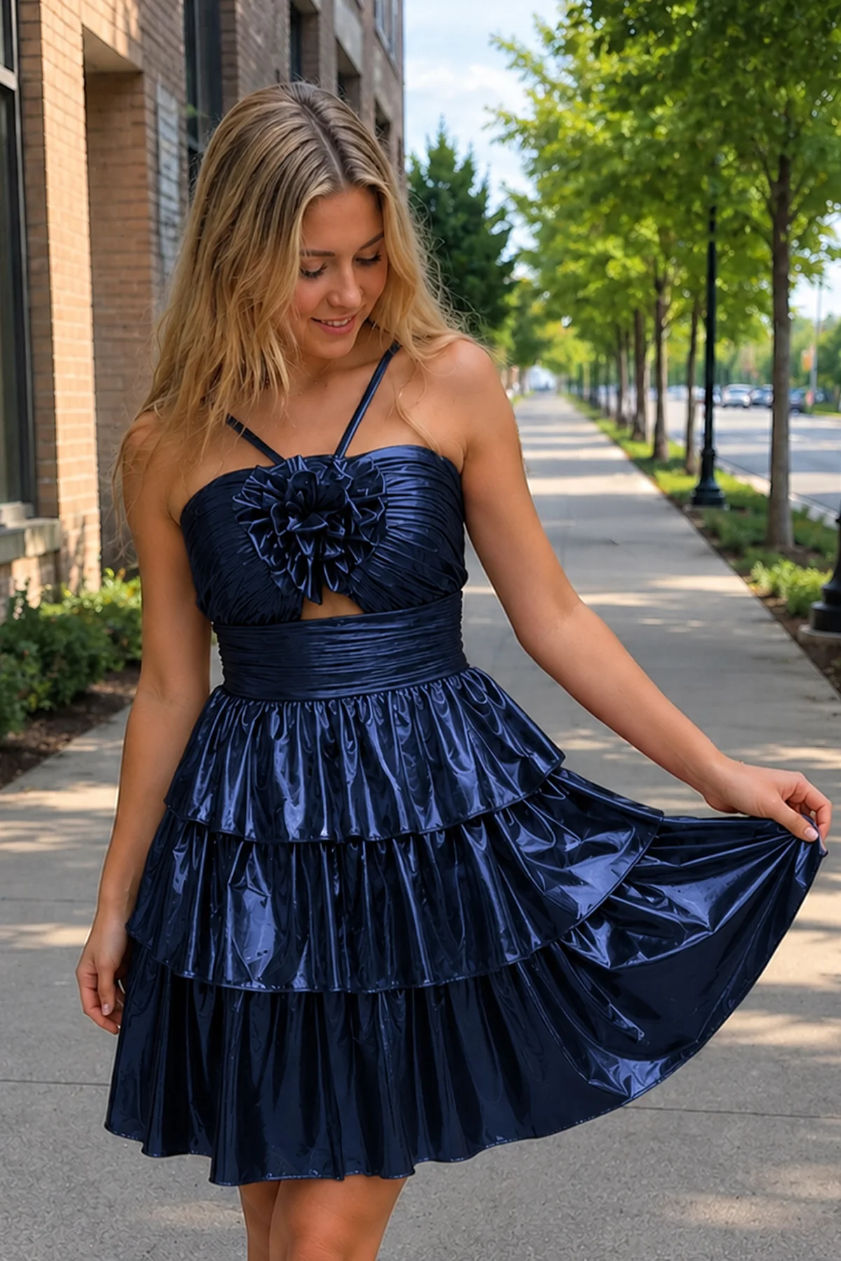 Magenta Keyhole A Line Metallic Homecoming Dress With Flower
