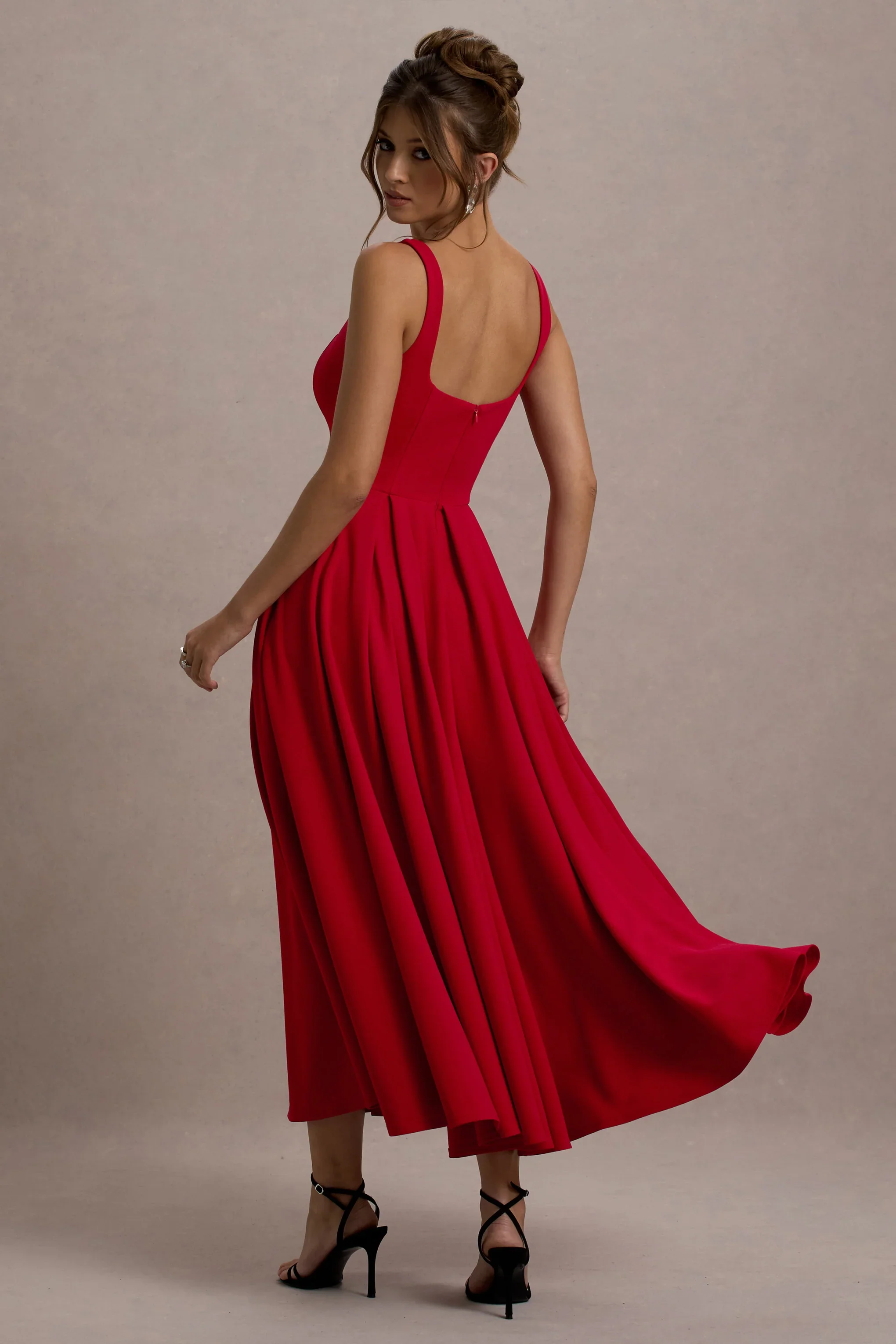 Parina | Red Strappy Volume-Hem Midi Dress