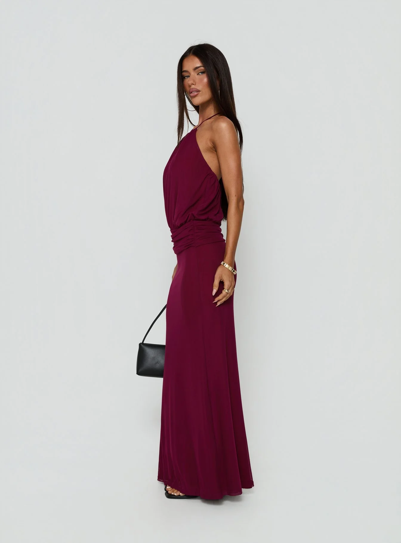 Casperina Ruched Halter Maxi Dress Berry - FASHION NOB